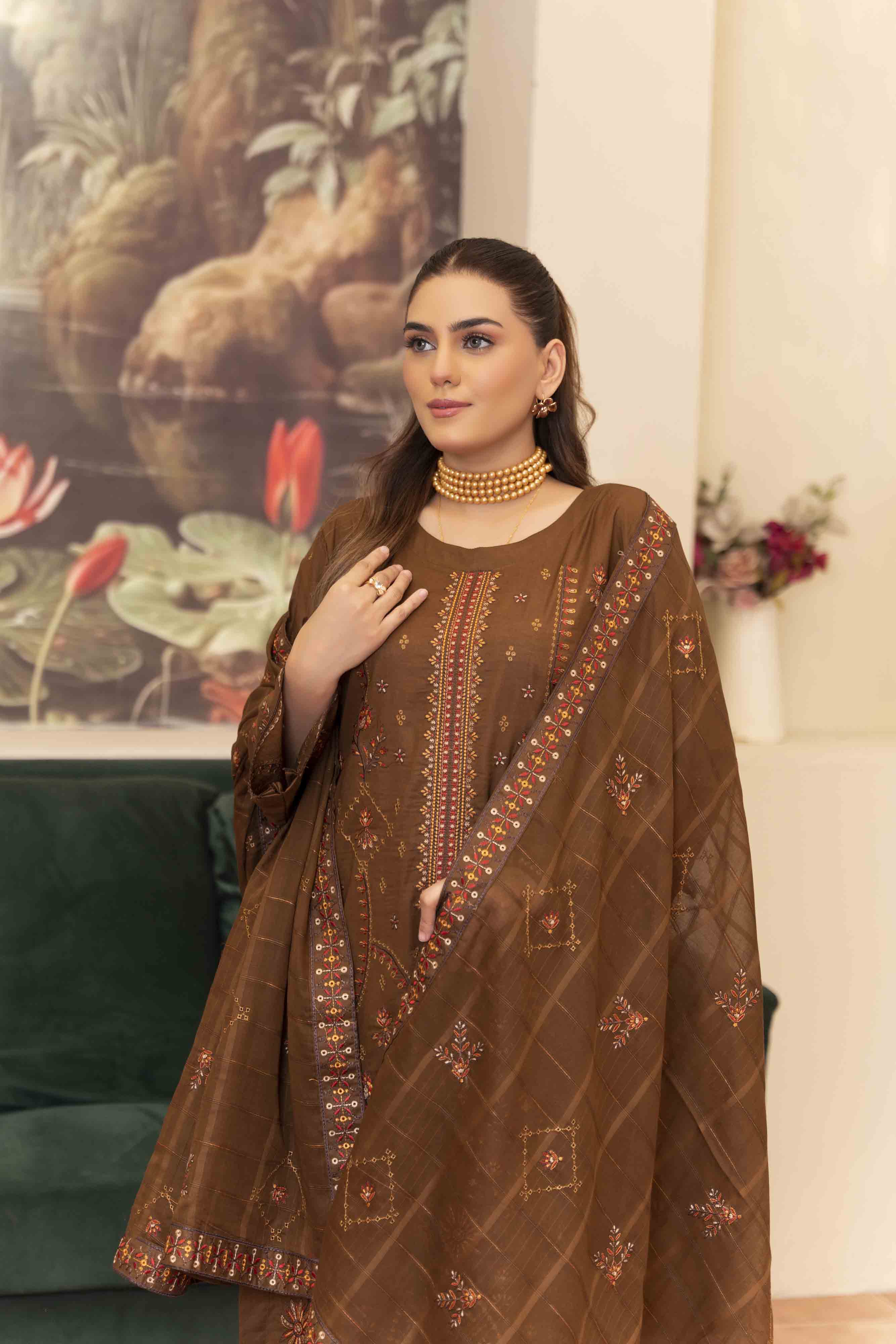 Luxury Brown Embroidered Lawn Set