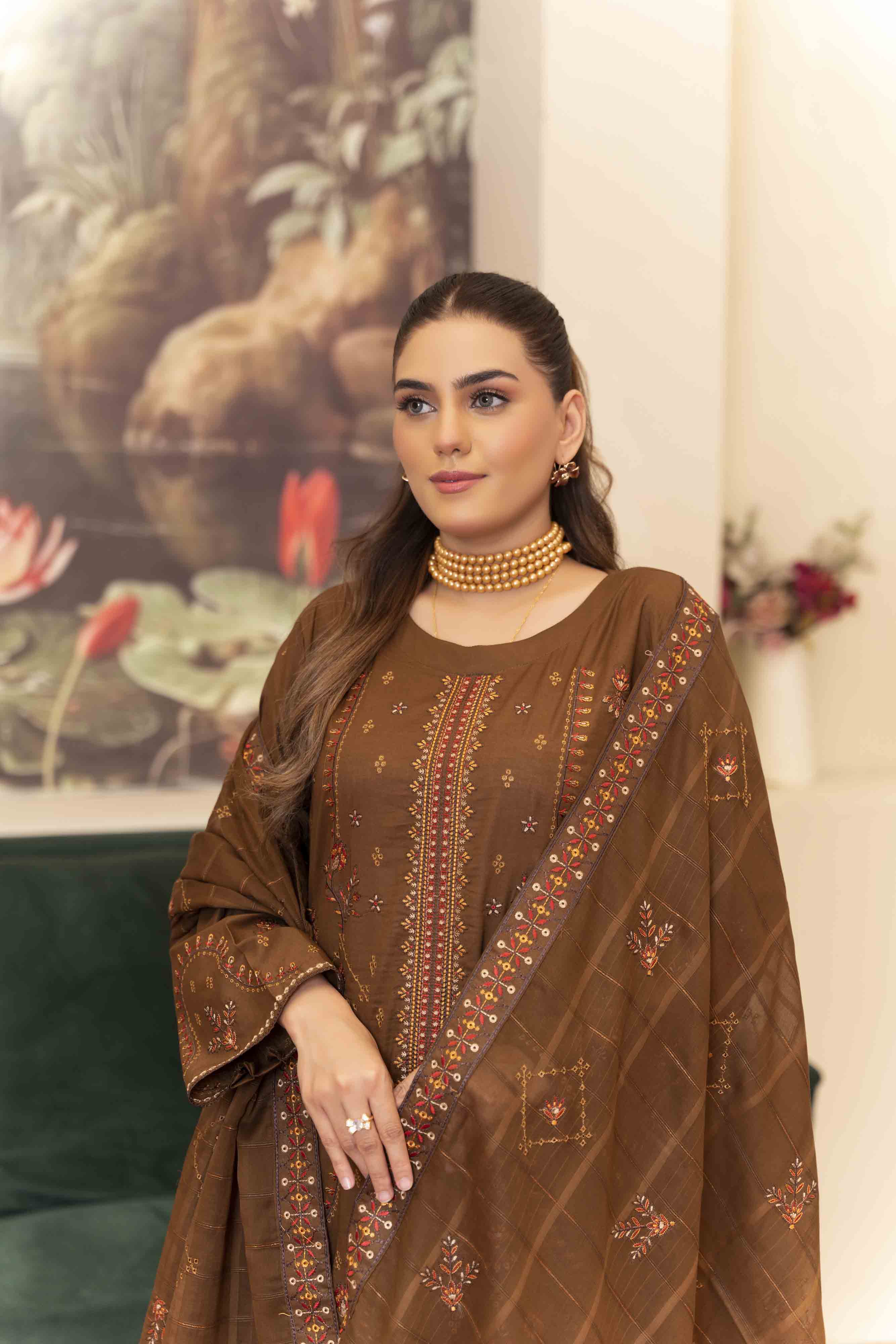 Luxury Brown Embroidered Lawn Set