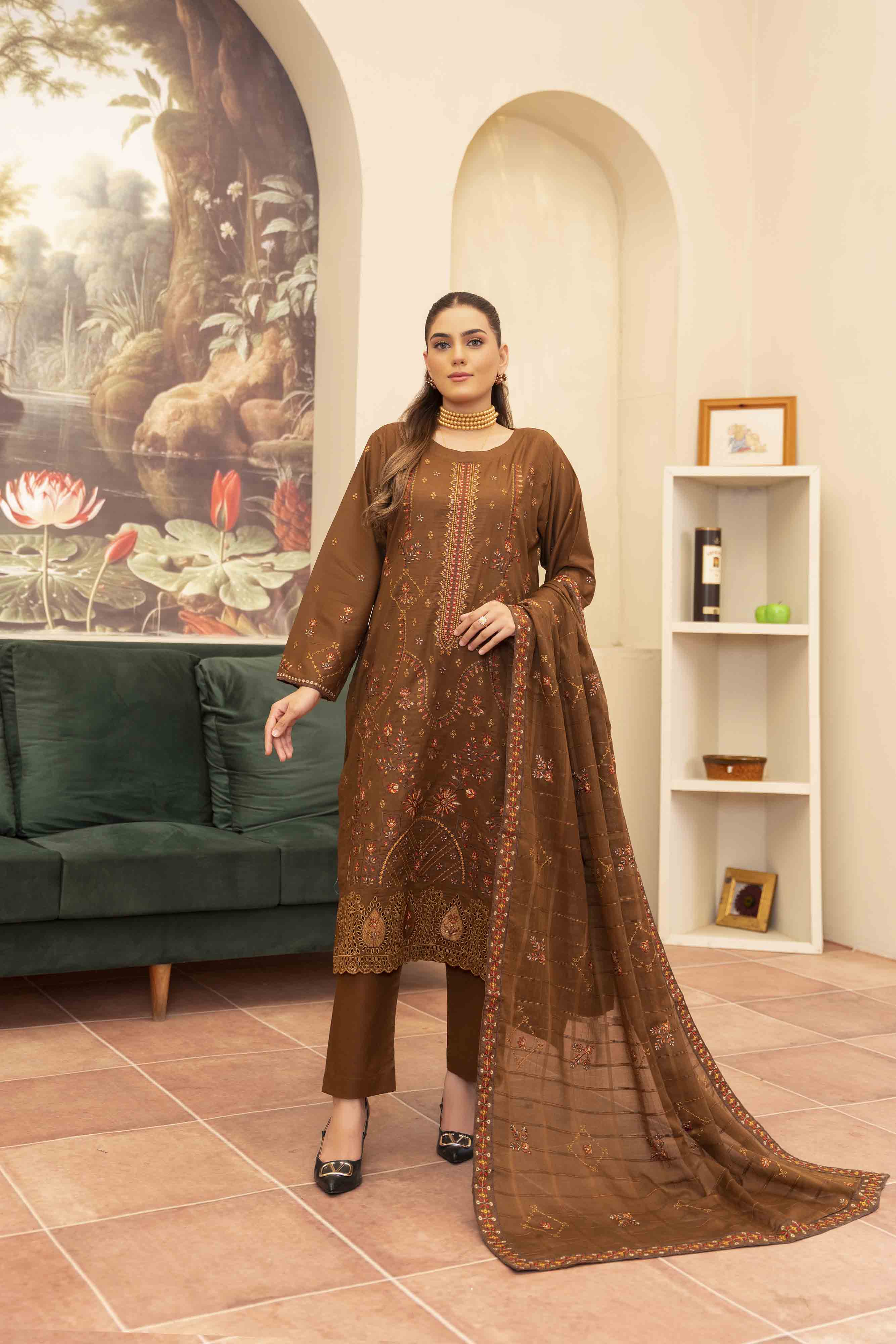 Luxury Brown Embroidered Lawn Set
