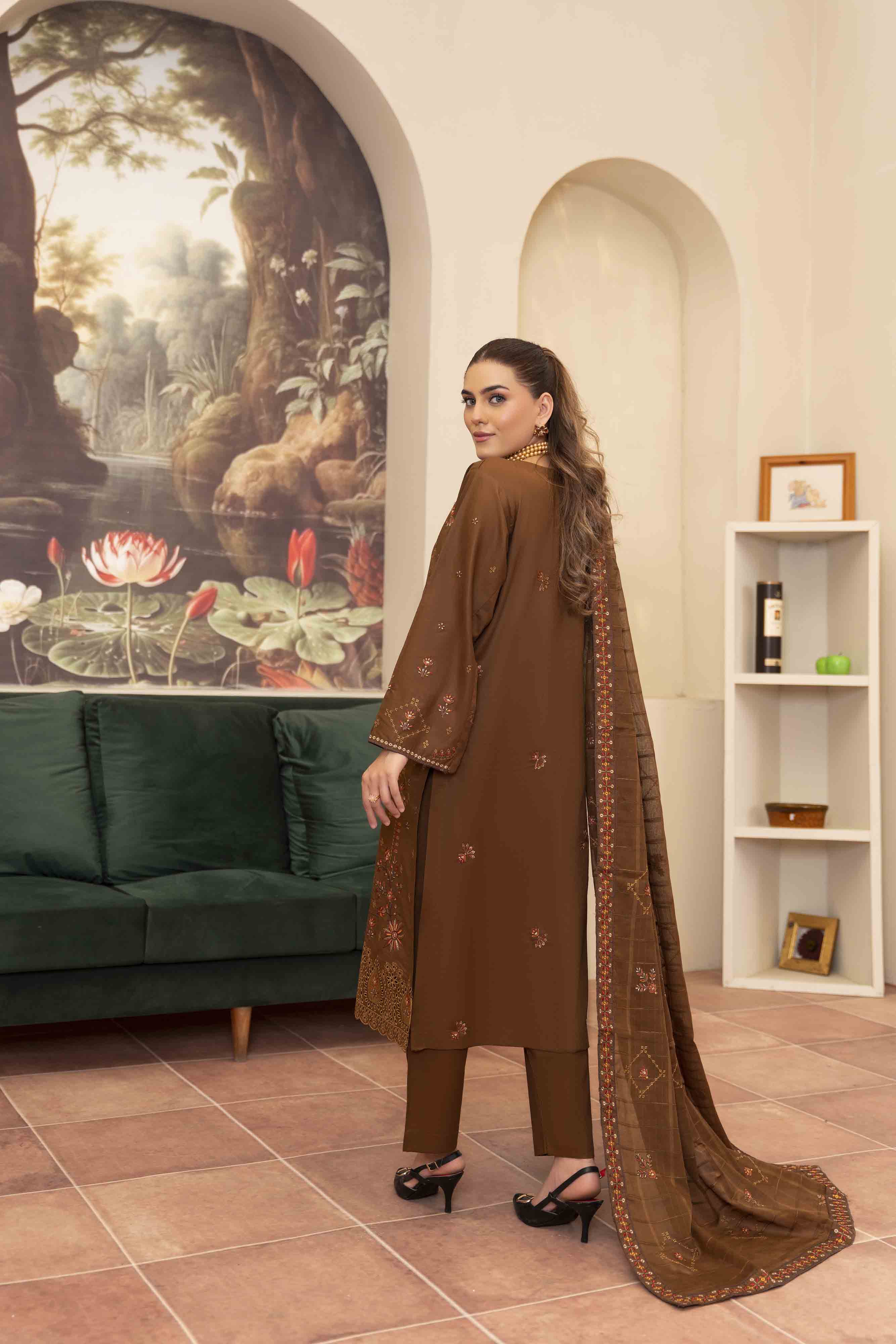 Luxury Brown Embroidered Lawn Set