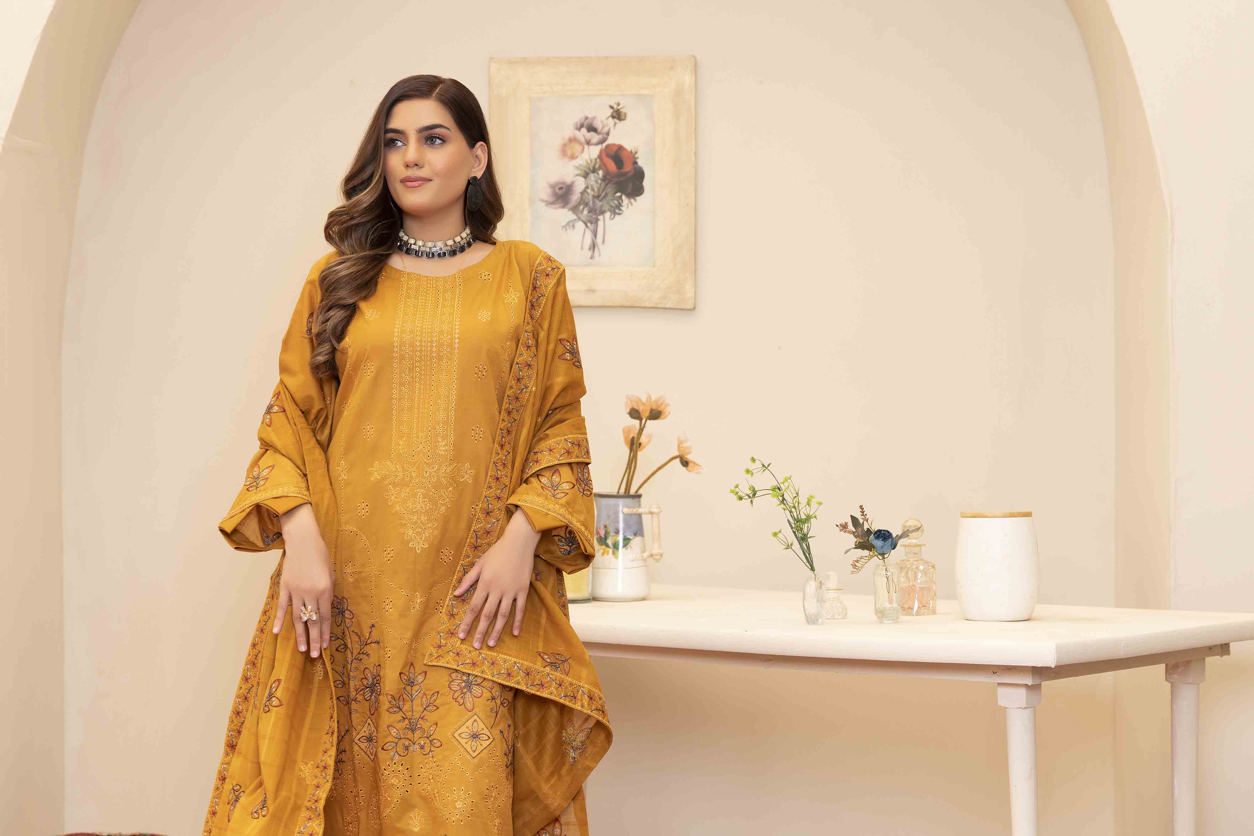 Luxury Mustard Embroidered Lawn Set