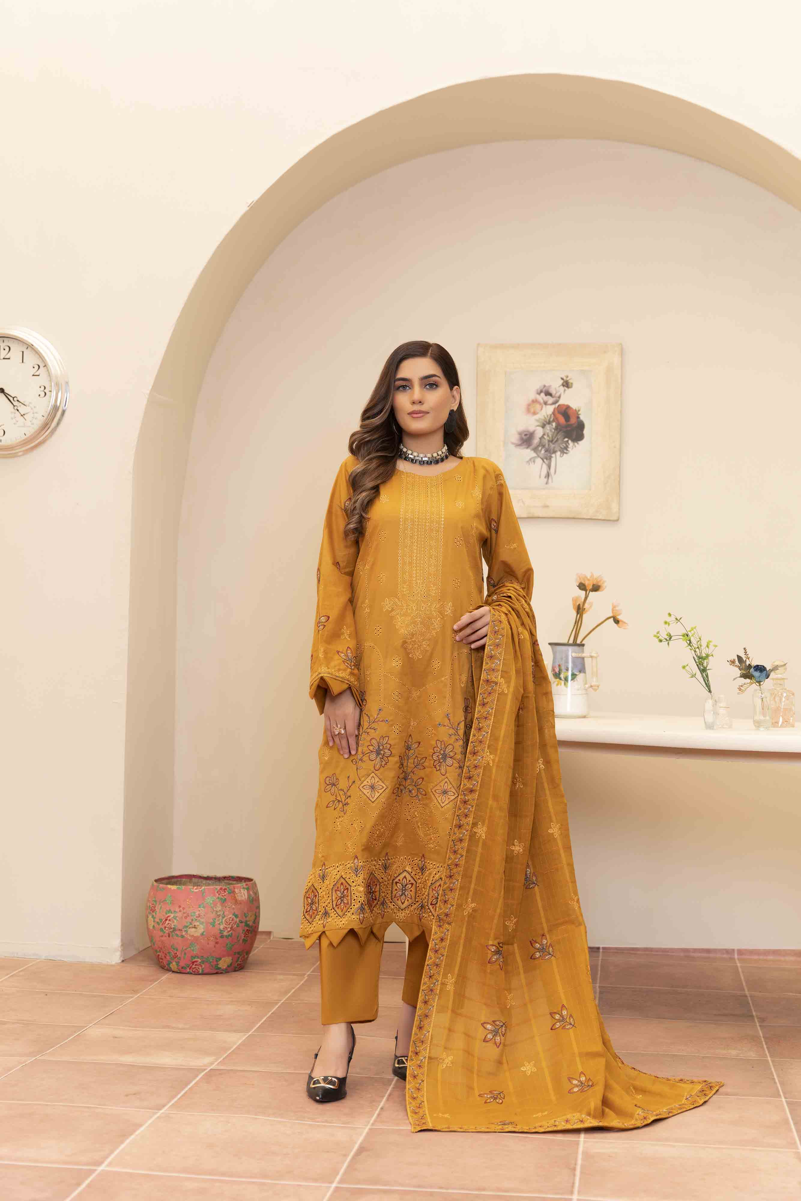 Luxury Mustard Embroidered Lawn Set