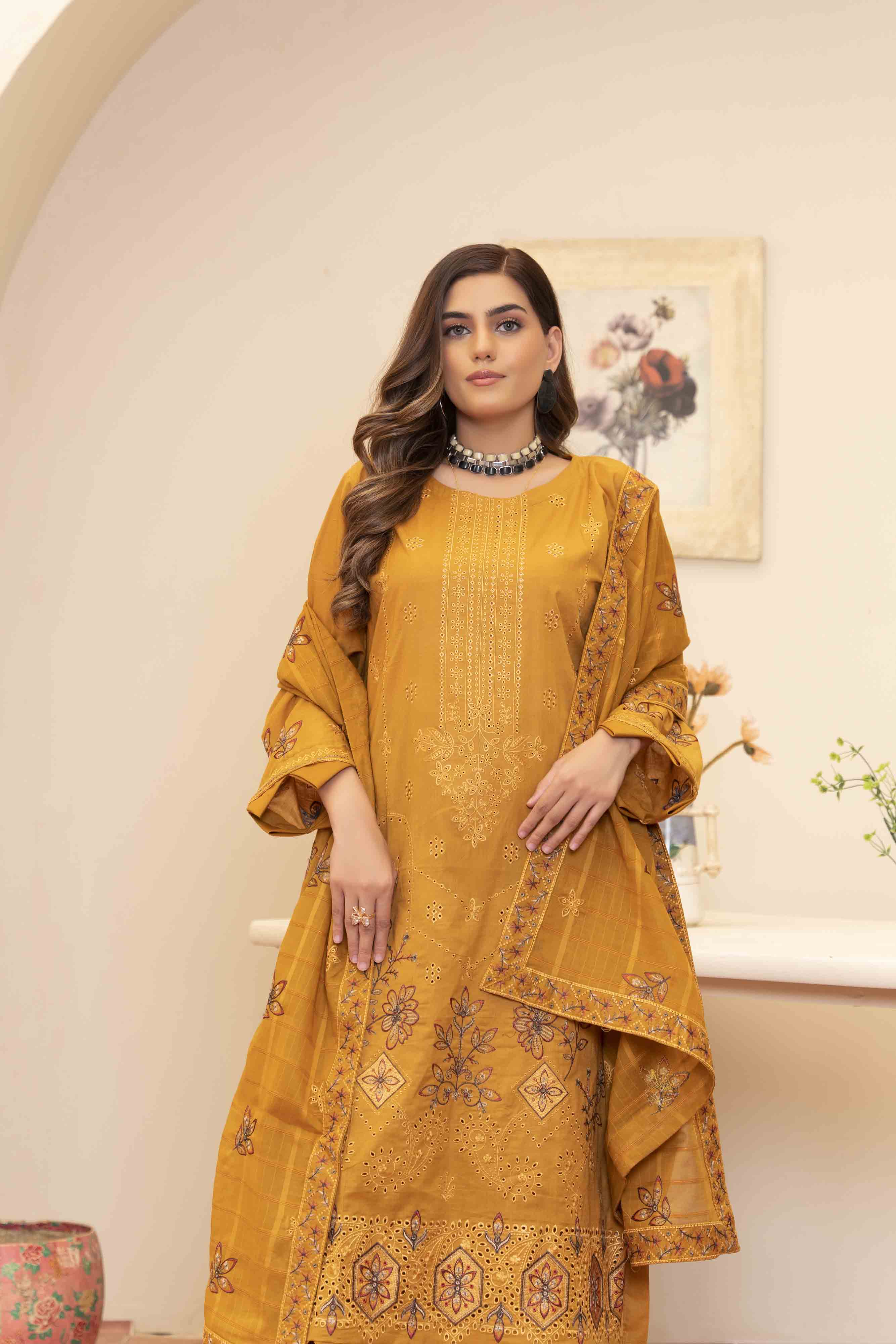 Luxury Mustard Embroidered Lawn Set