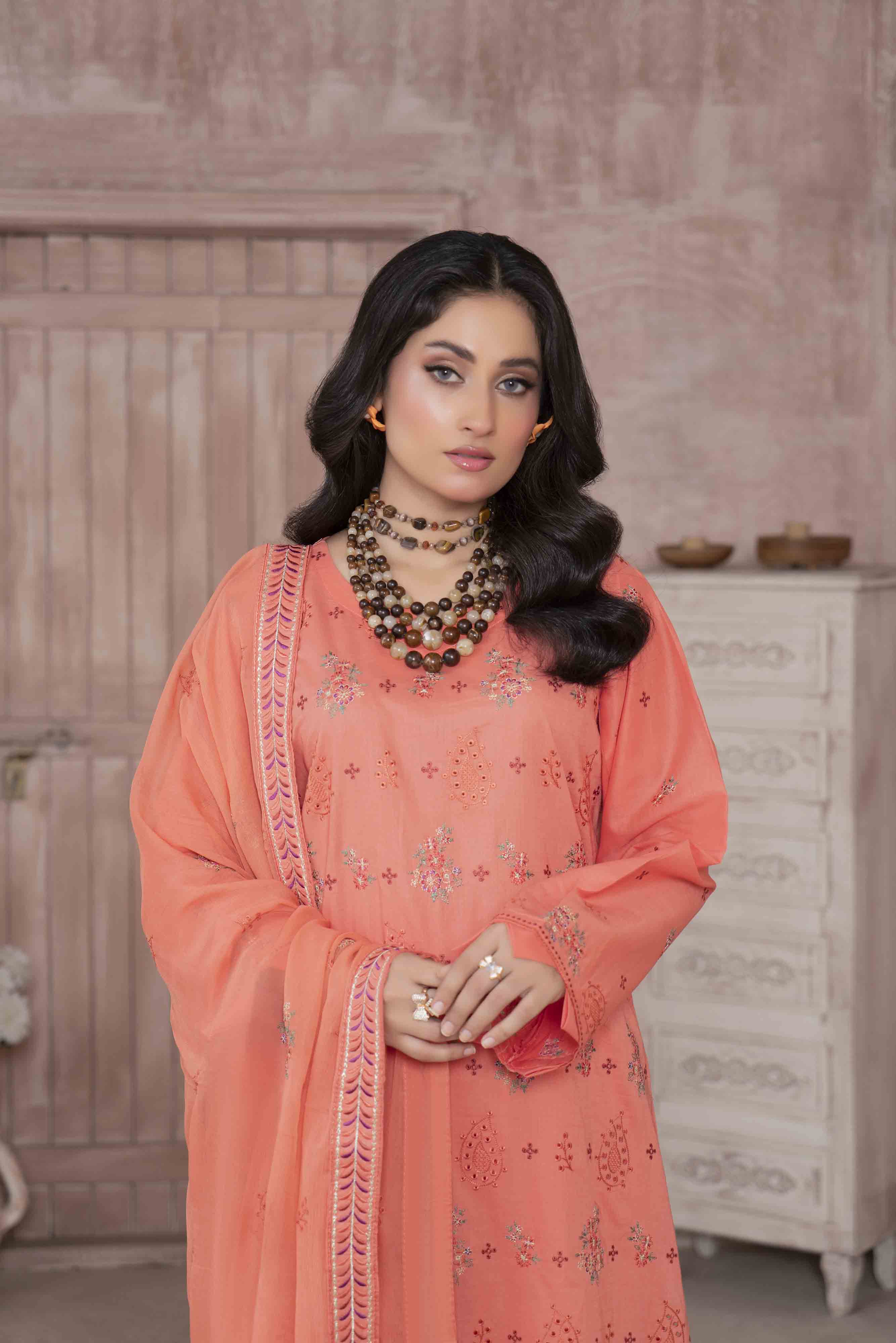 Luxury Peach Embroidered Lawn Set