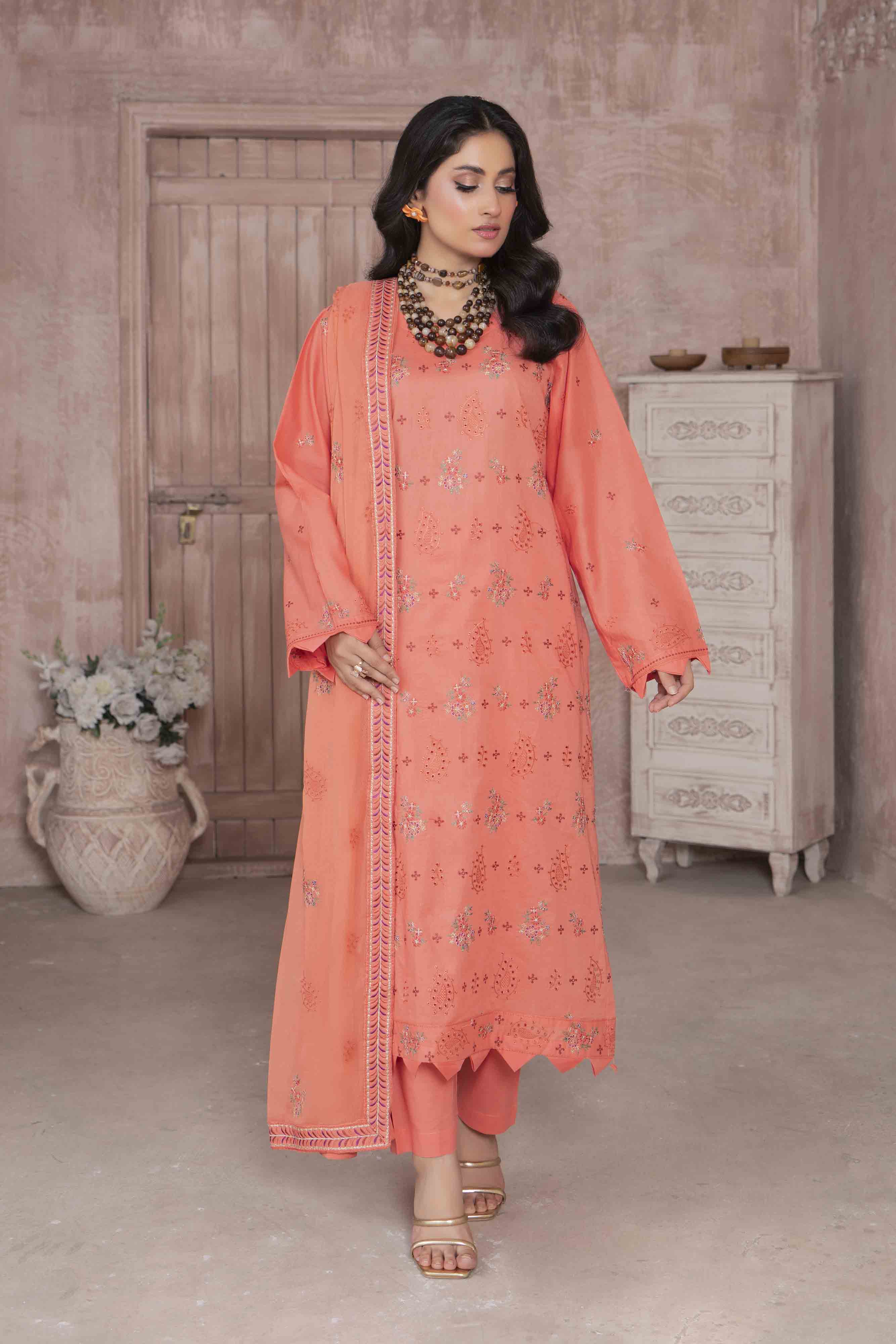 Luxury Peach Embroidered Lawn Set