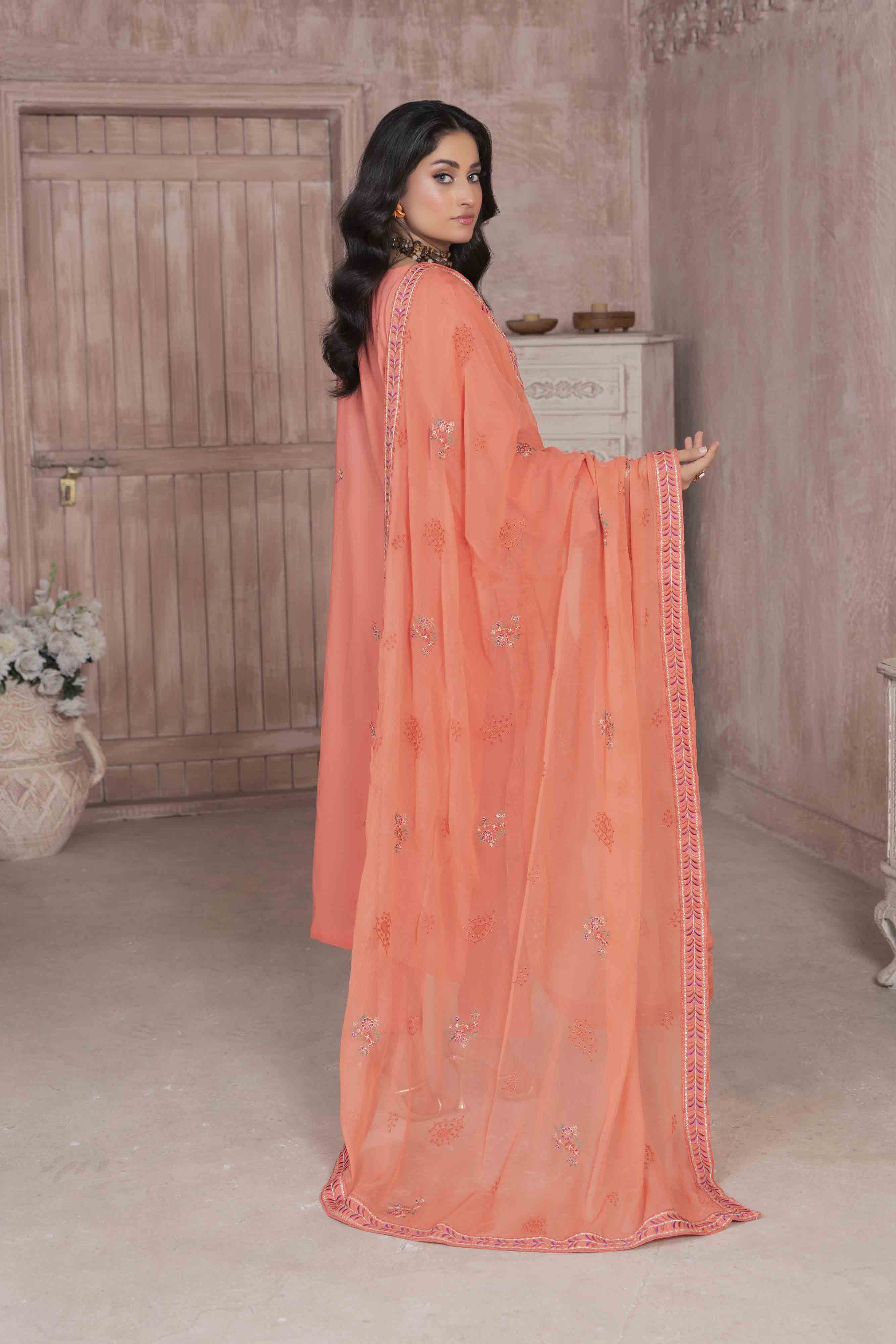 Luxury Peach Embroidered Lawn Set