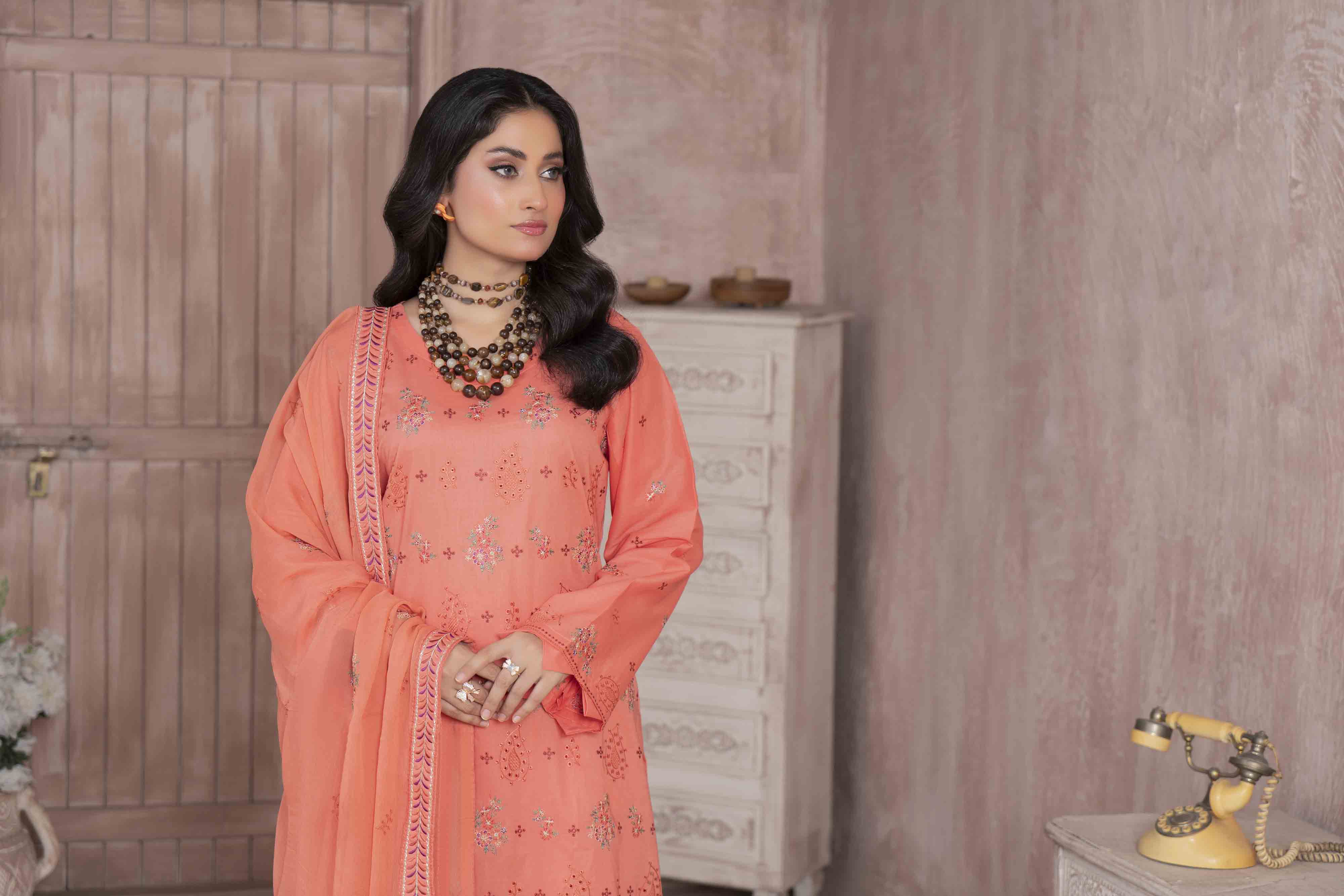 Luxury Peach Embroidered Lawn Set