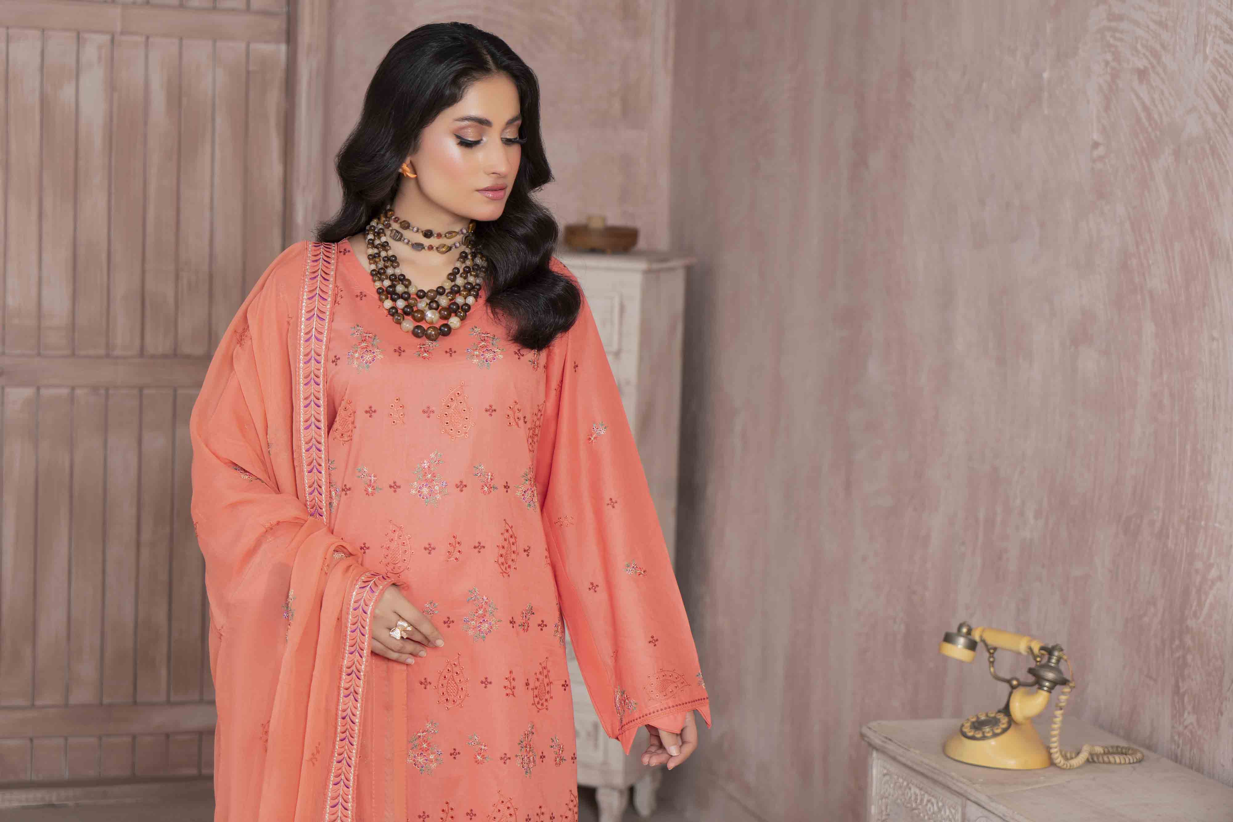 Luxury Peach Embroidered Lawn Set