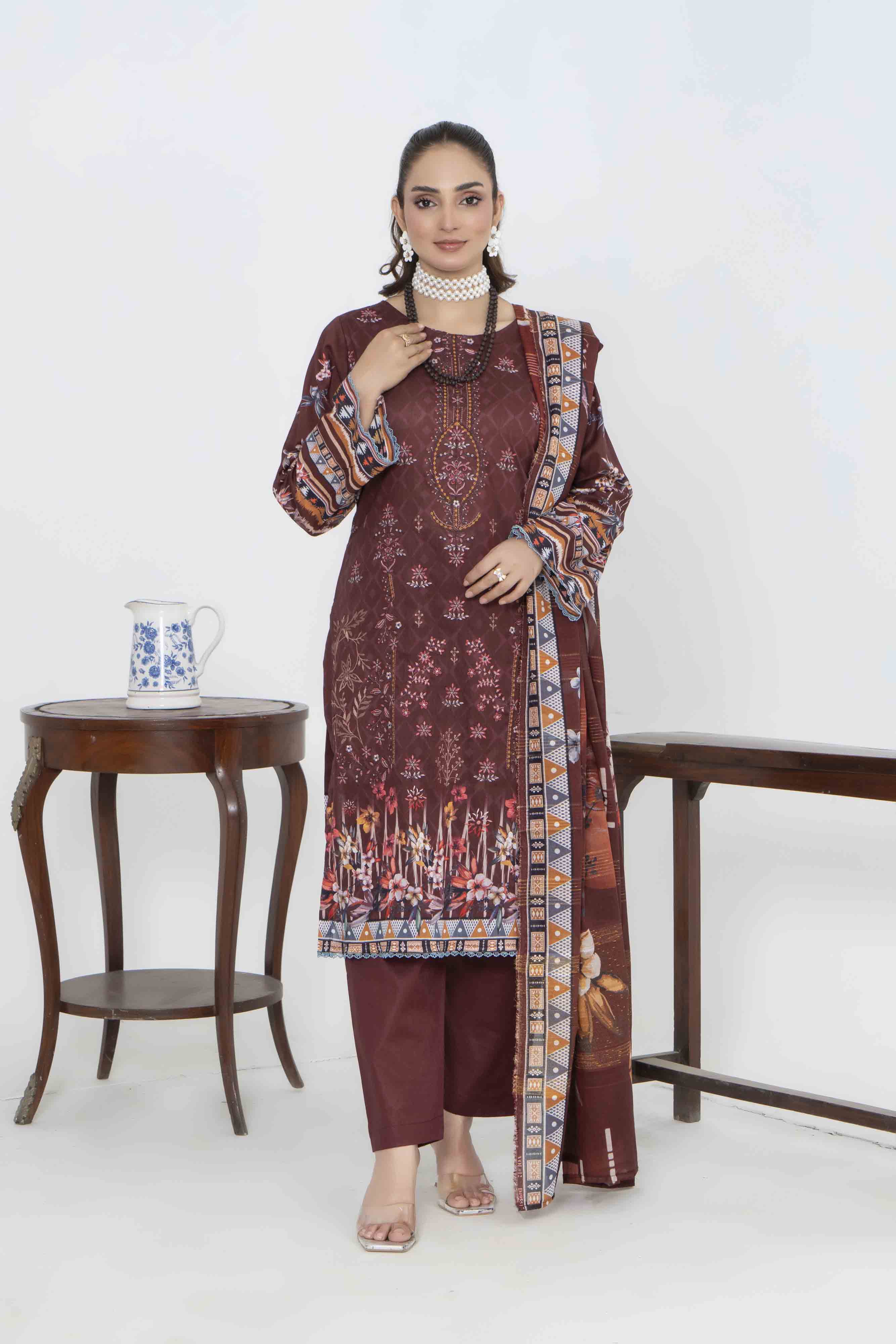 Luxury Maroon Printed Embroidered 3 Pcs Lawn Set
