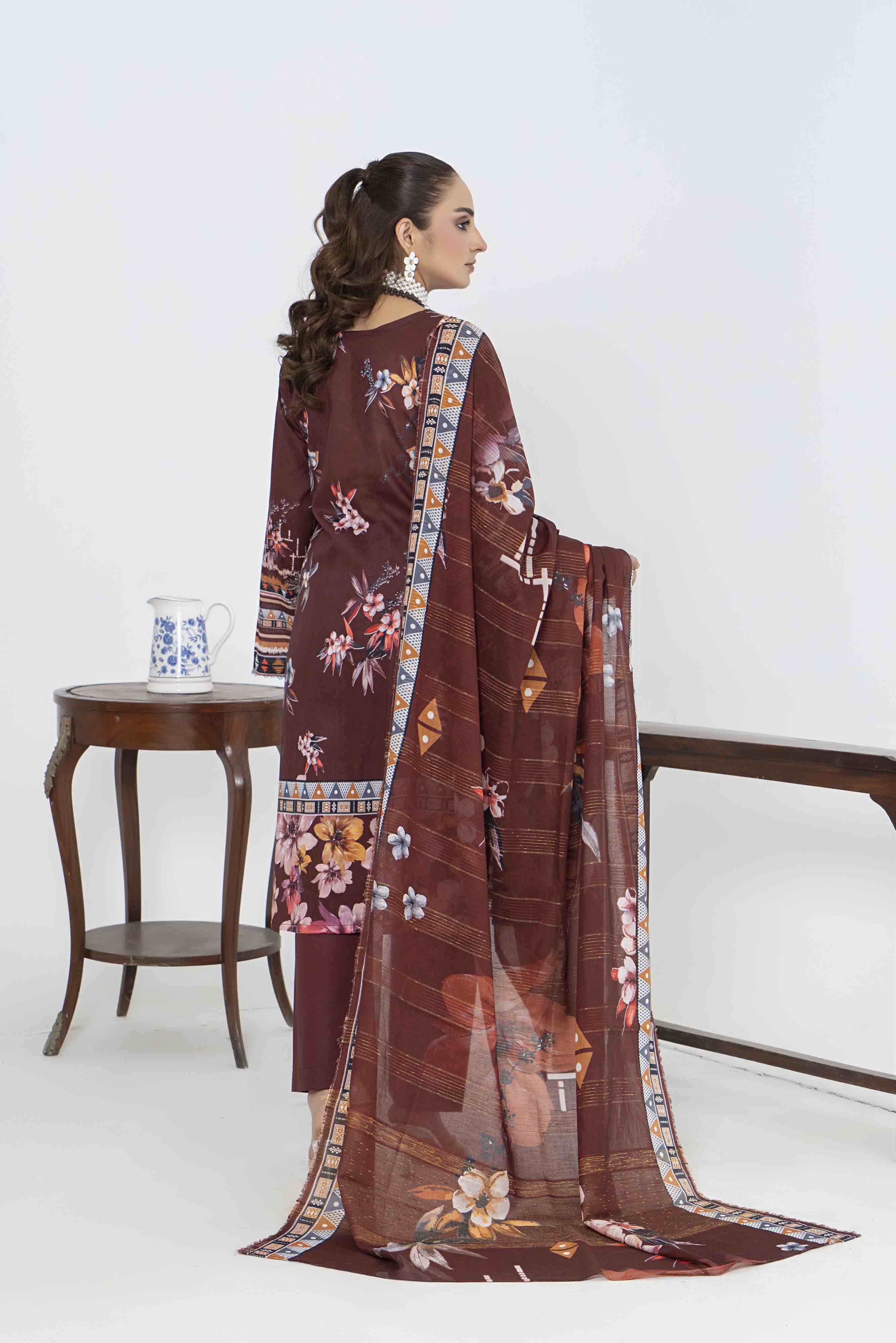 Luxury Maroon Printed Embroidered 3 Pcs Lawn Set