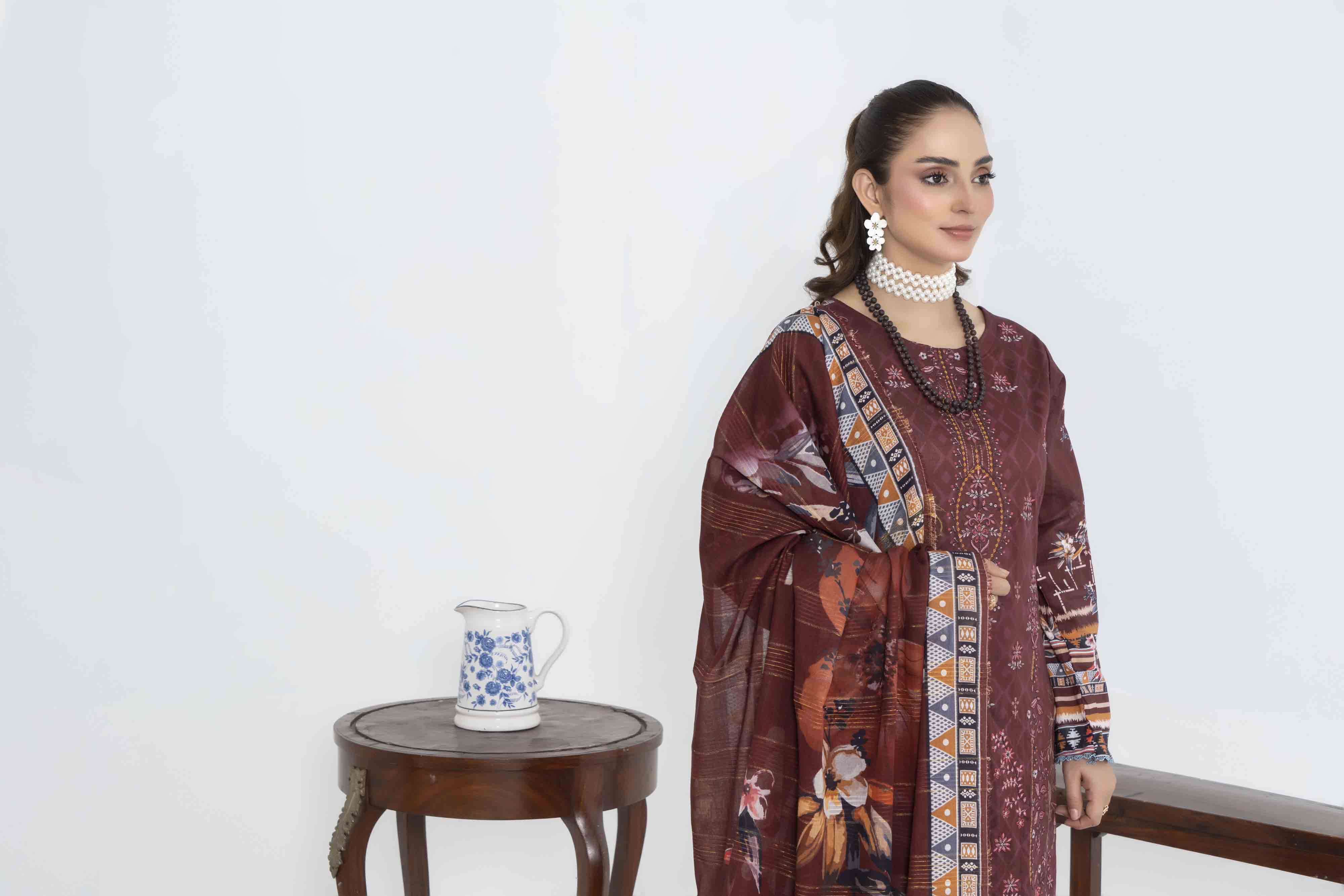 Luxury Maroon Printed Embroidered 3 Pcs Lawn Set