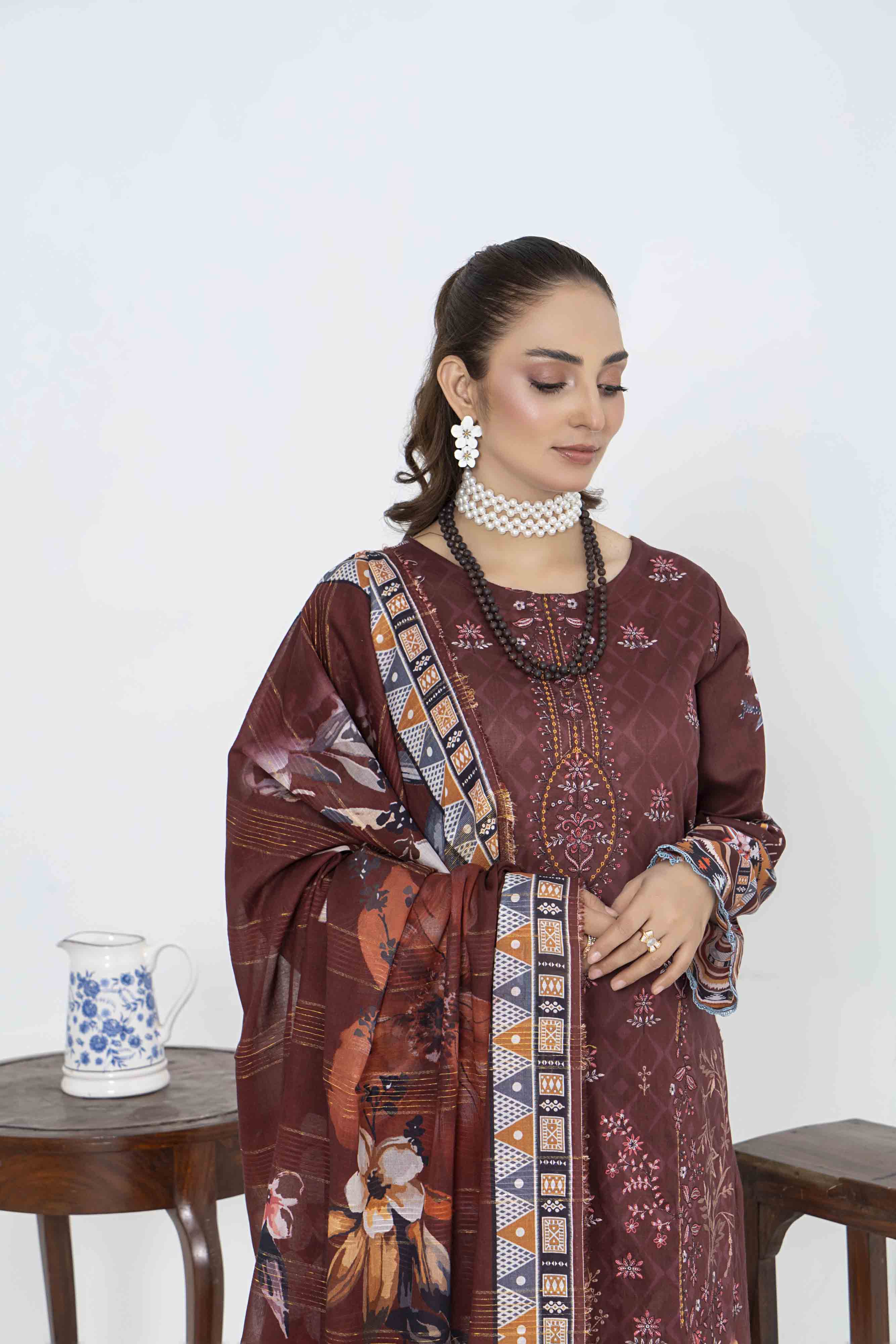 Luxury Maroon Printed Embroidered 3 Pcs Lawn Set