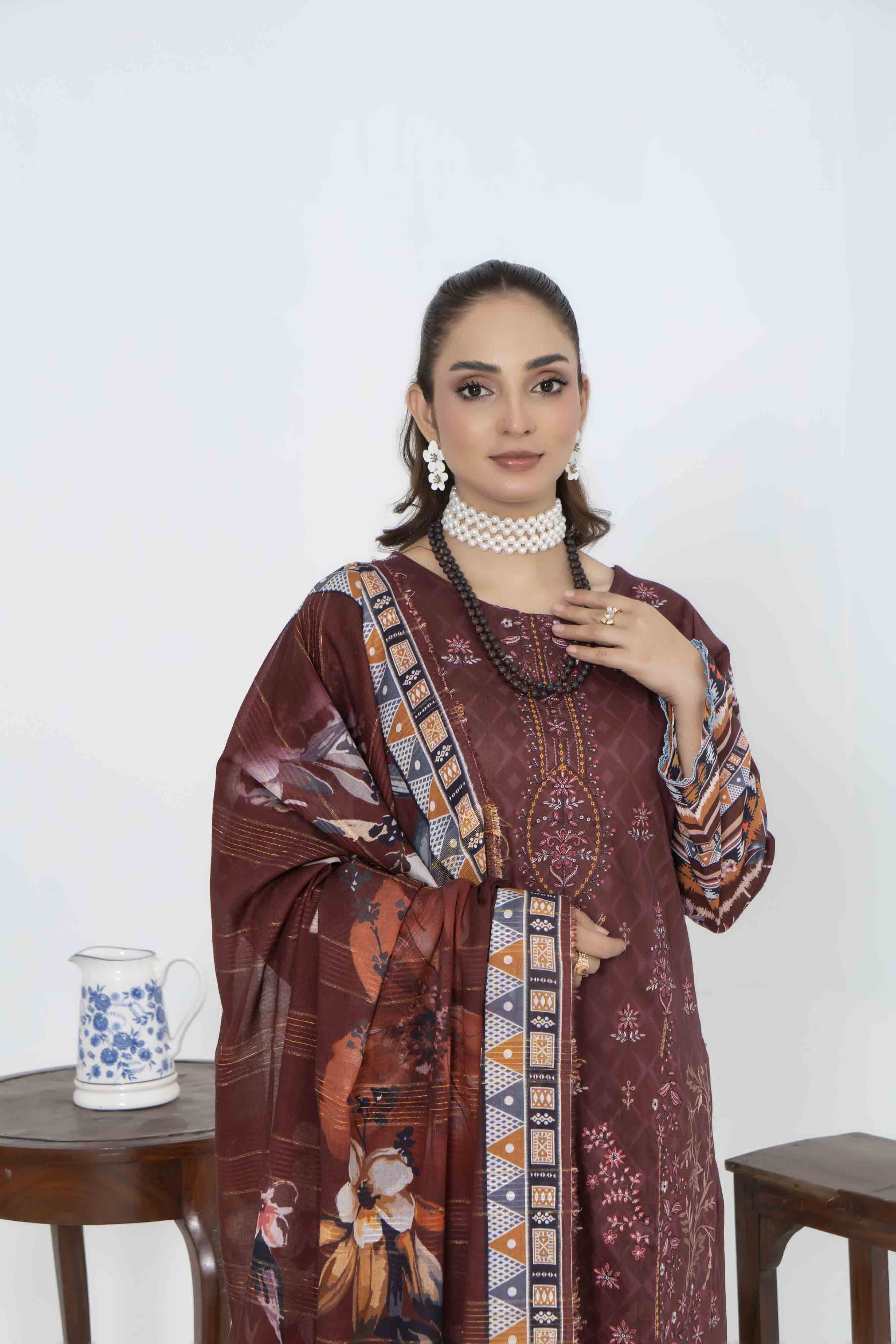 Luxury Maroon Printed Embroidered 3 Pcs Lawn Set