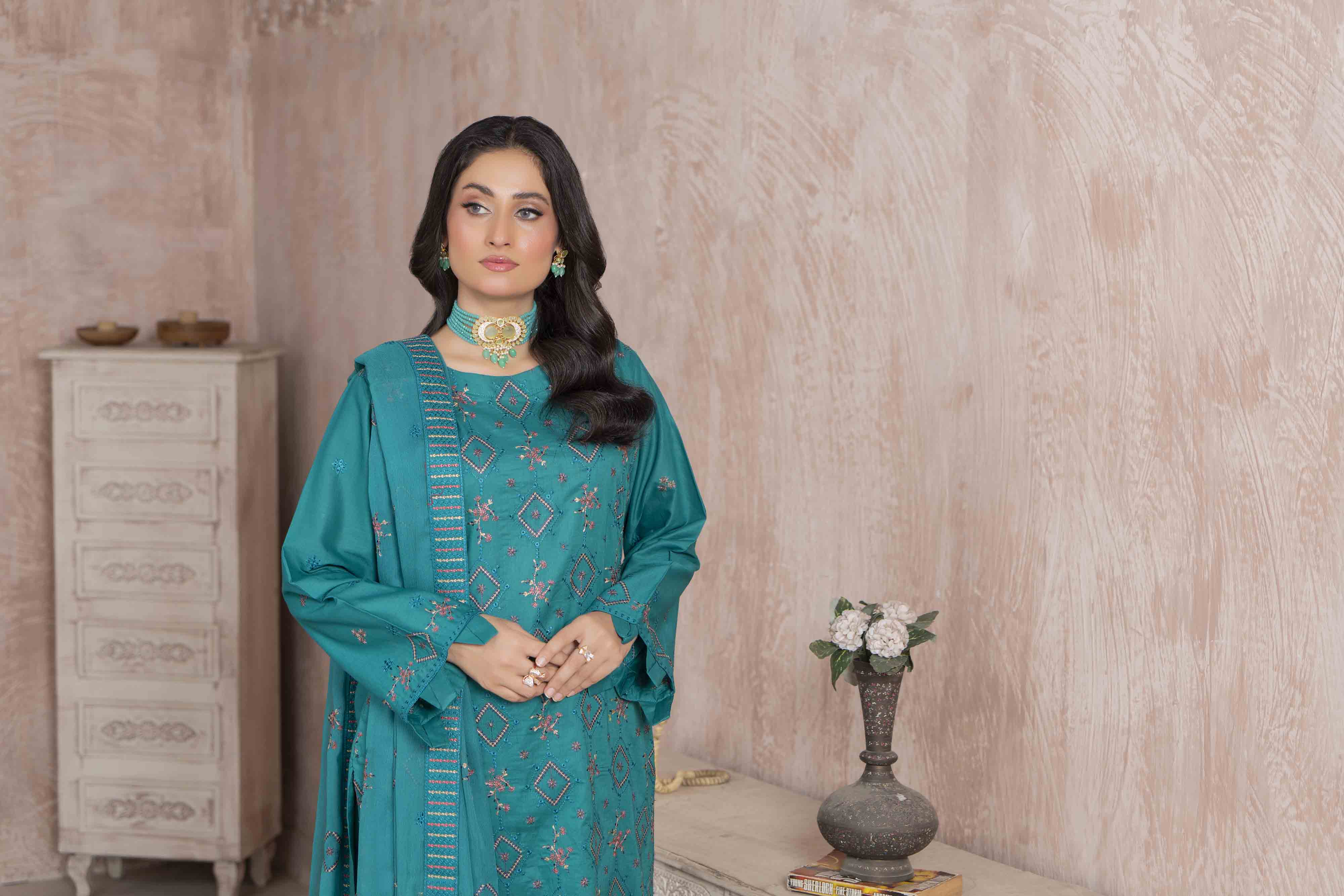 Luxury Teal Embroidered Lawn Set