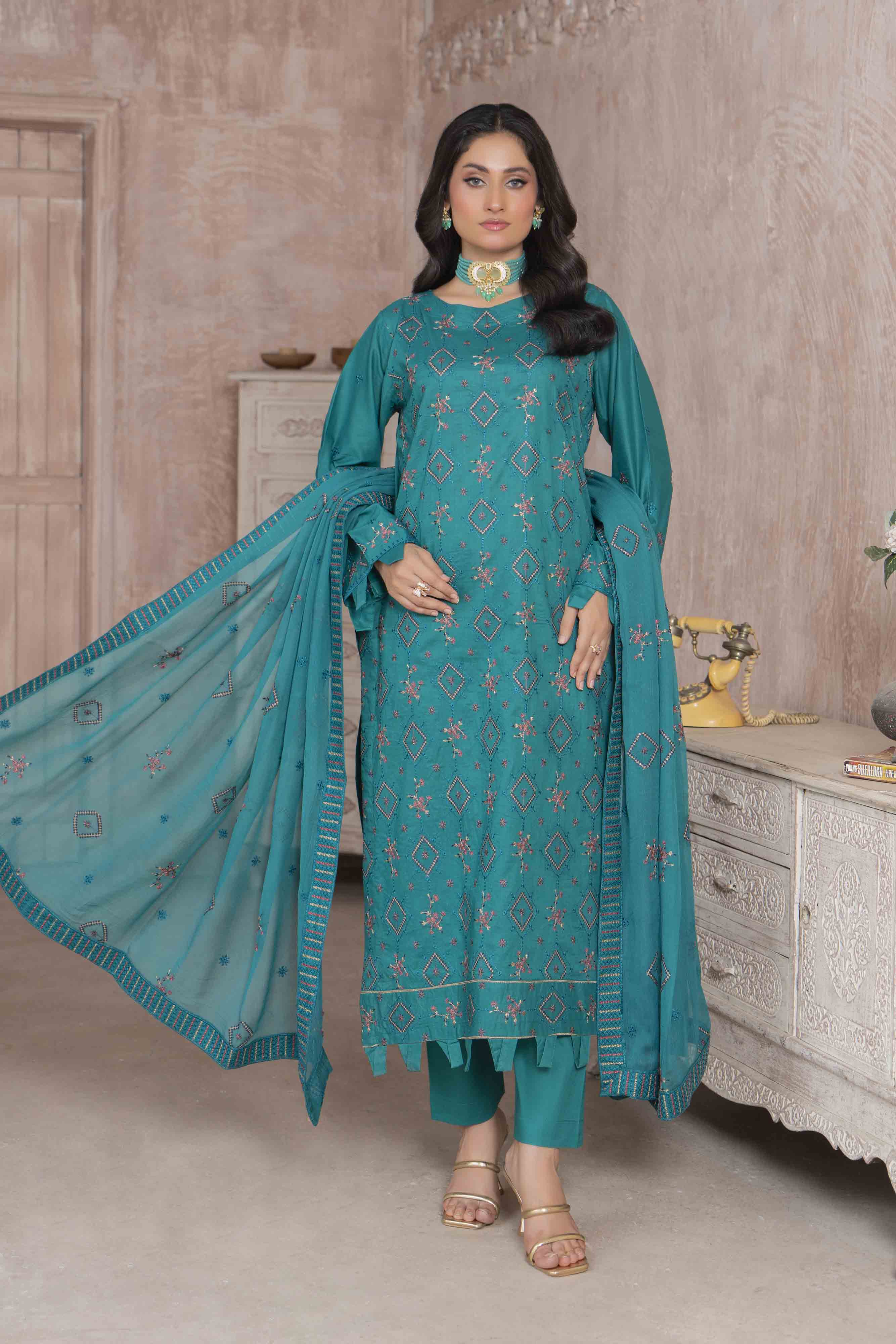 Luxury Teal Embroidered Lawn Set