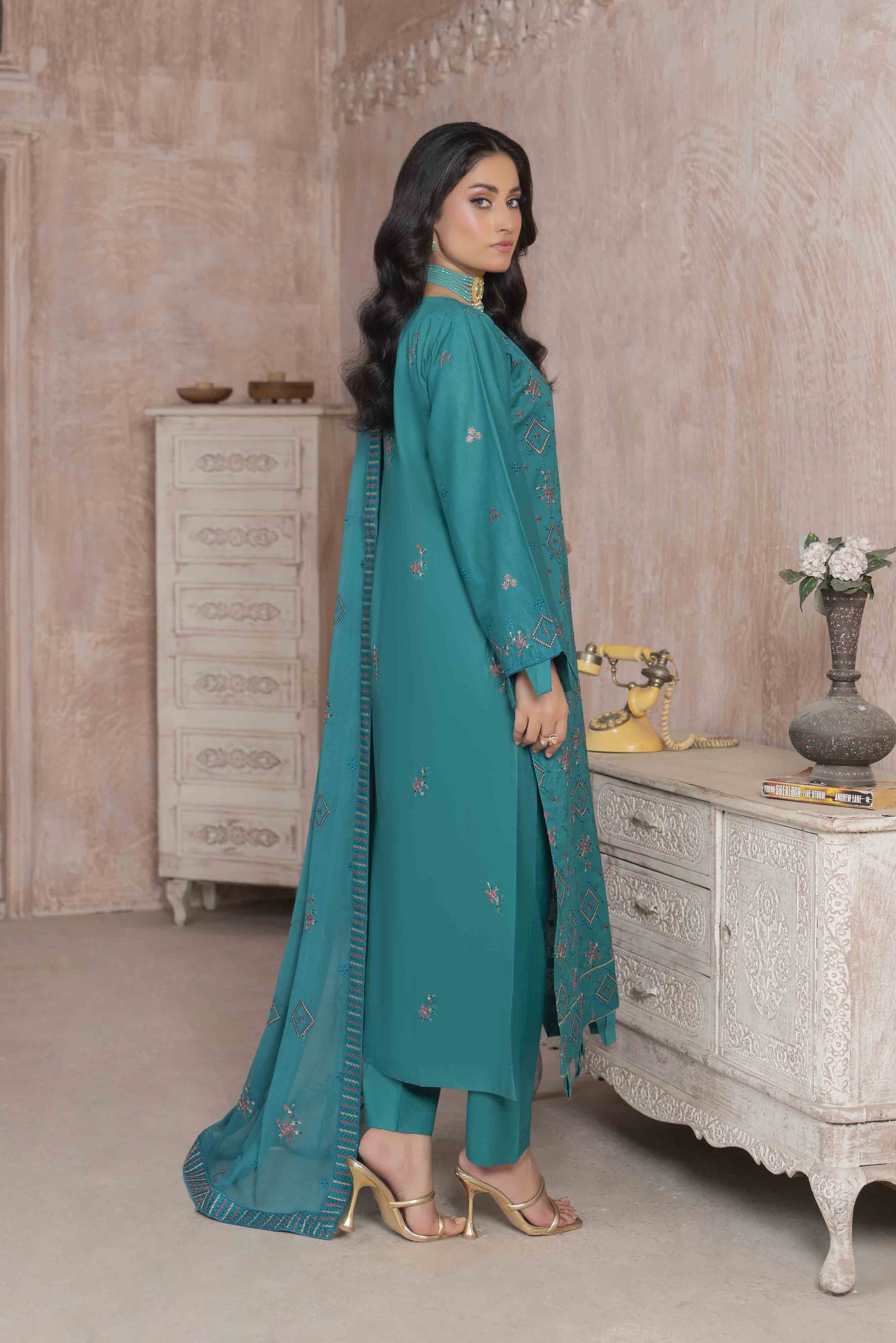 Luxury Teal Embroidered Lawn Set