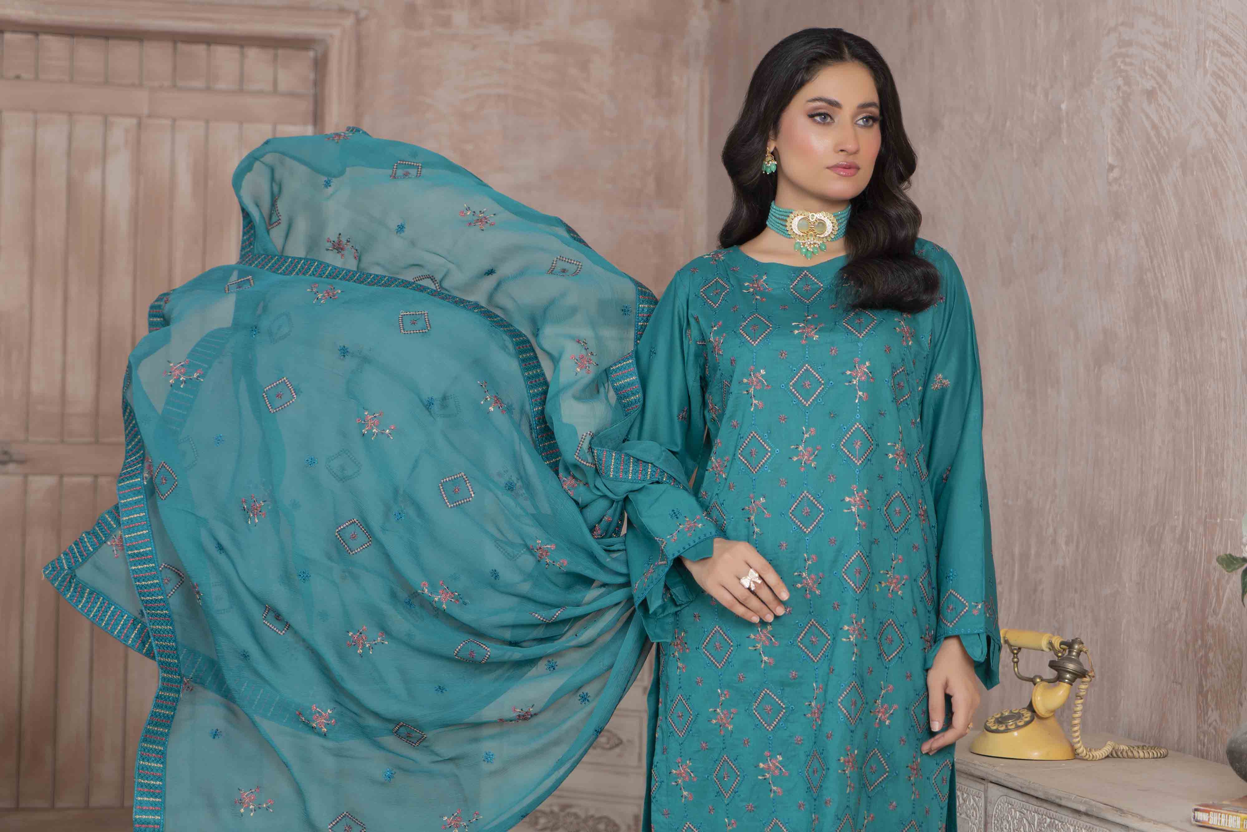 Luxury Teal Embroidered Lawn Set