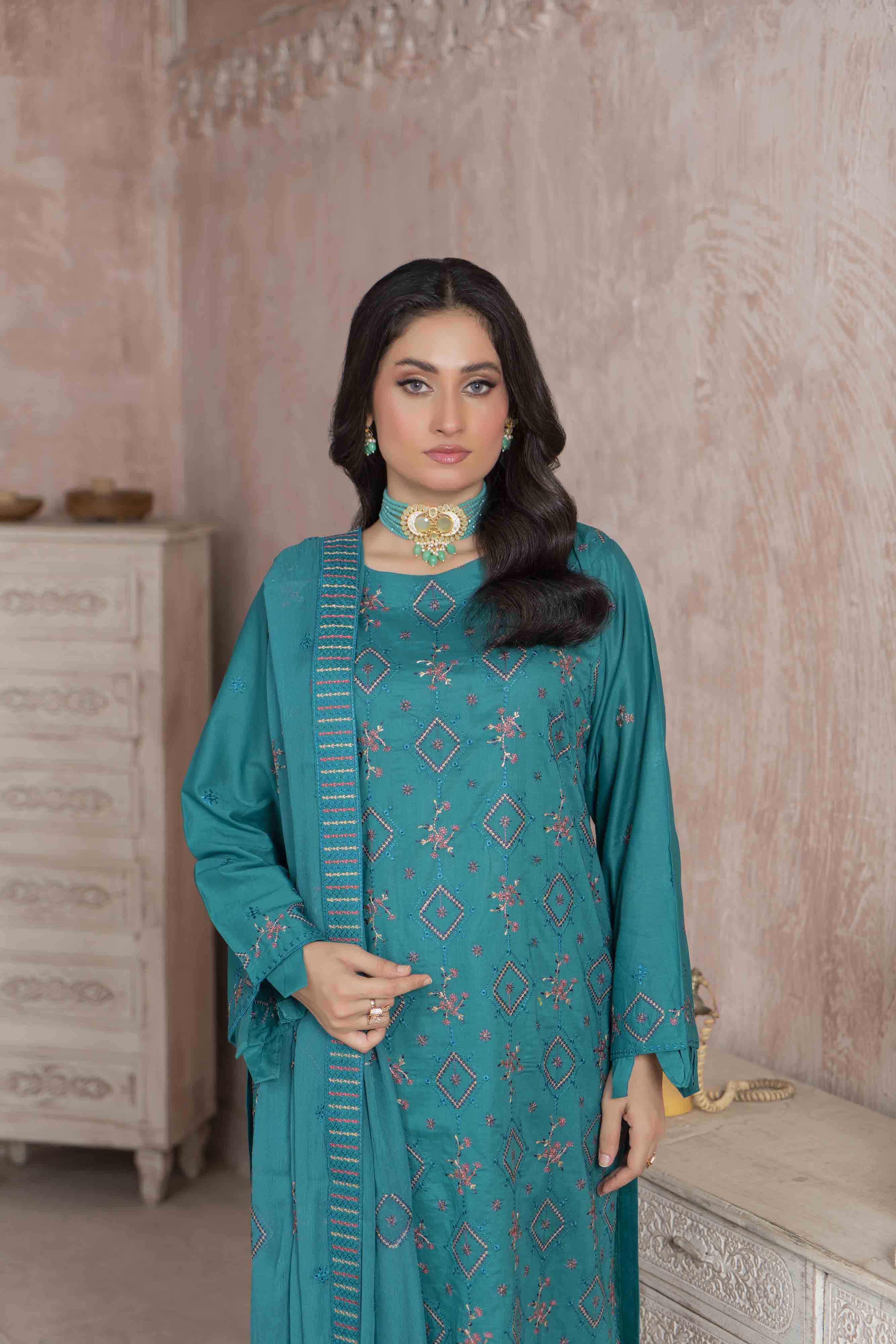 Luxury Teal Embroidered Lawn Set