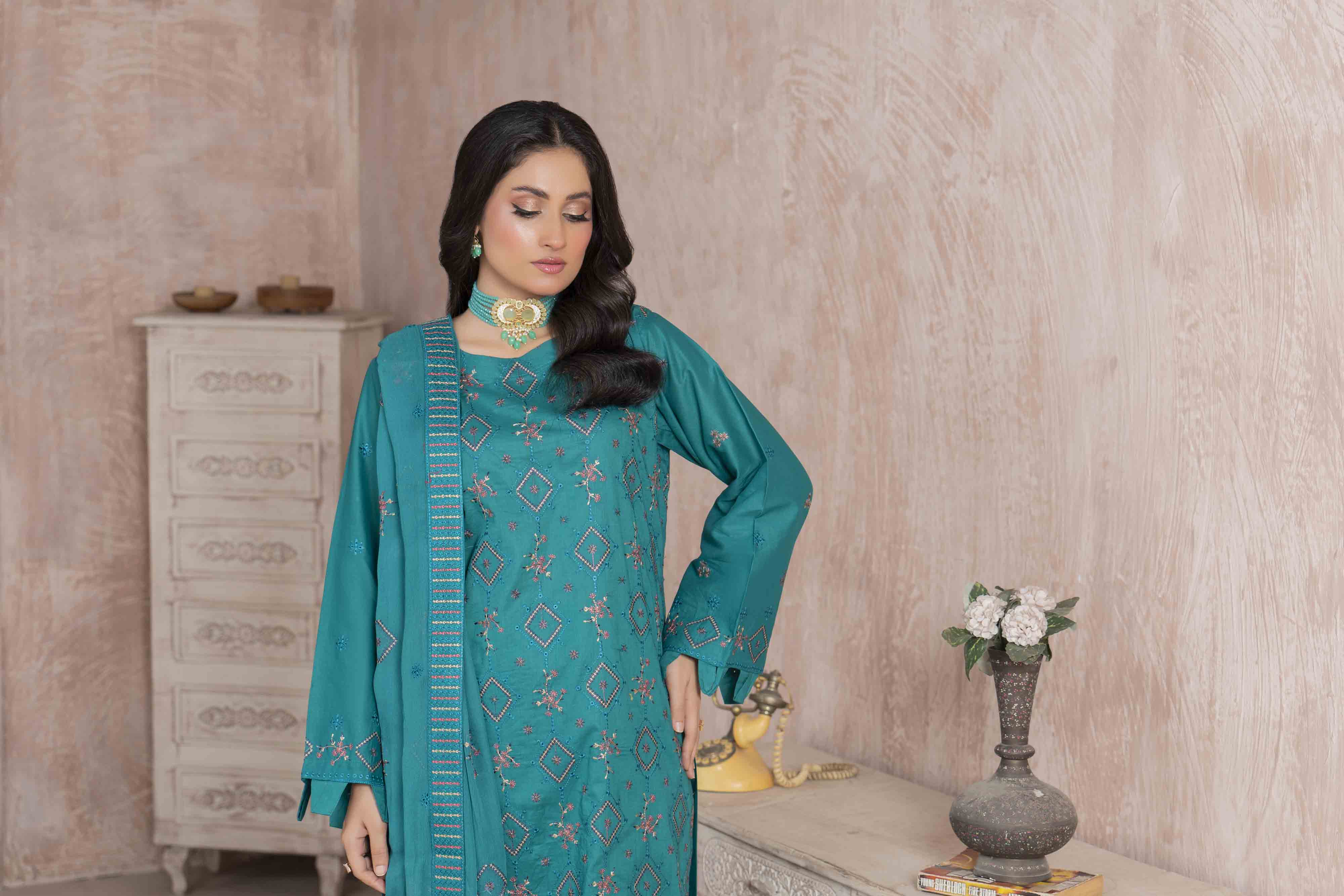 Luxury Teal Embroidered Lawn Set