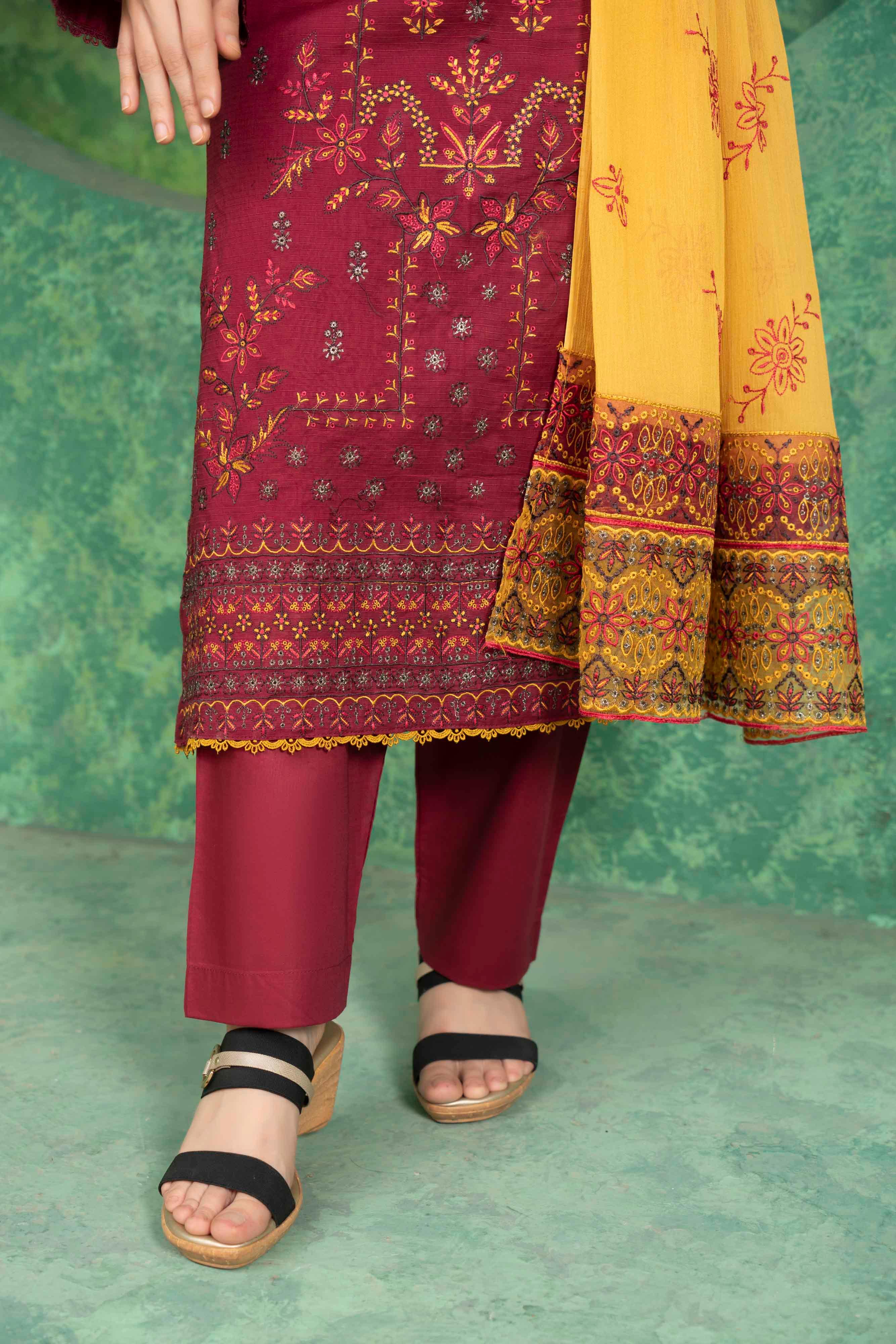 Deep Maroon Embroidered Doria Lawn Set