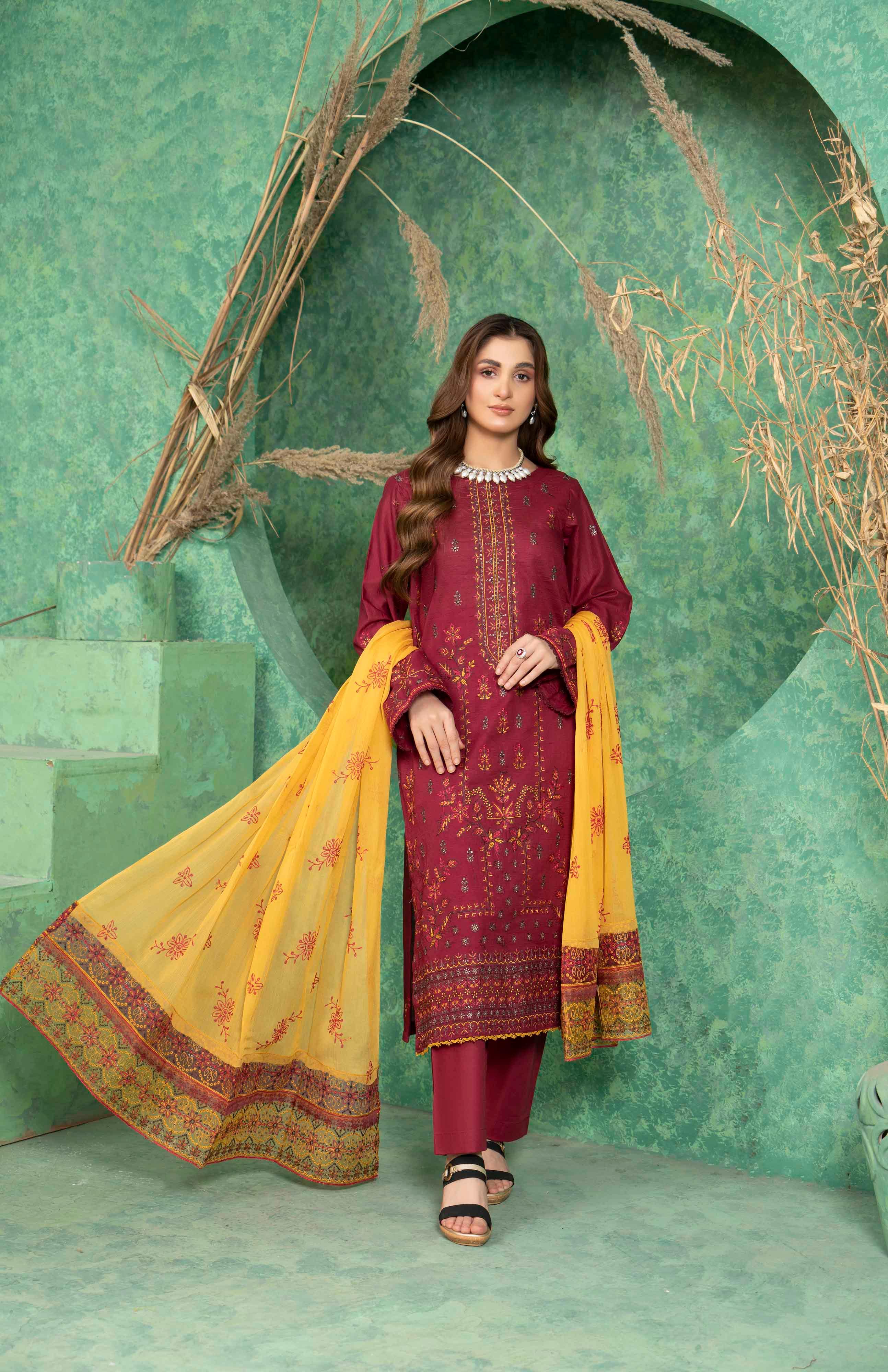 Deep Maroon Embroidered Doria Lawn Set