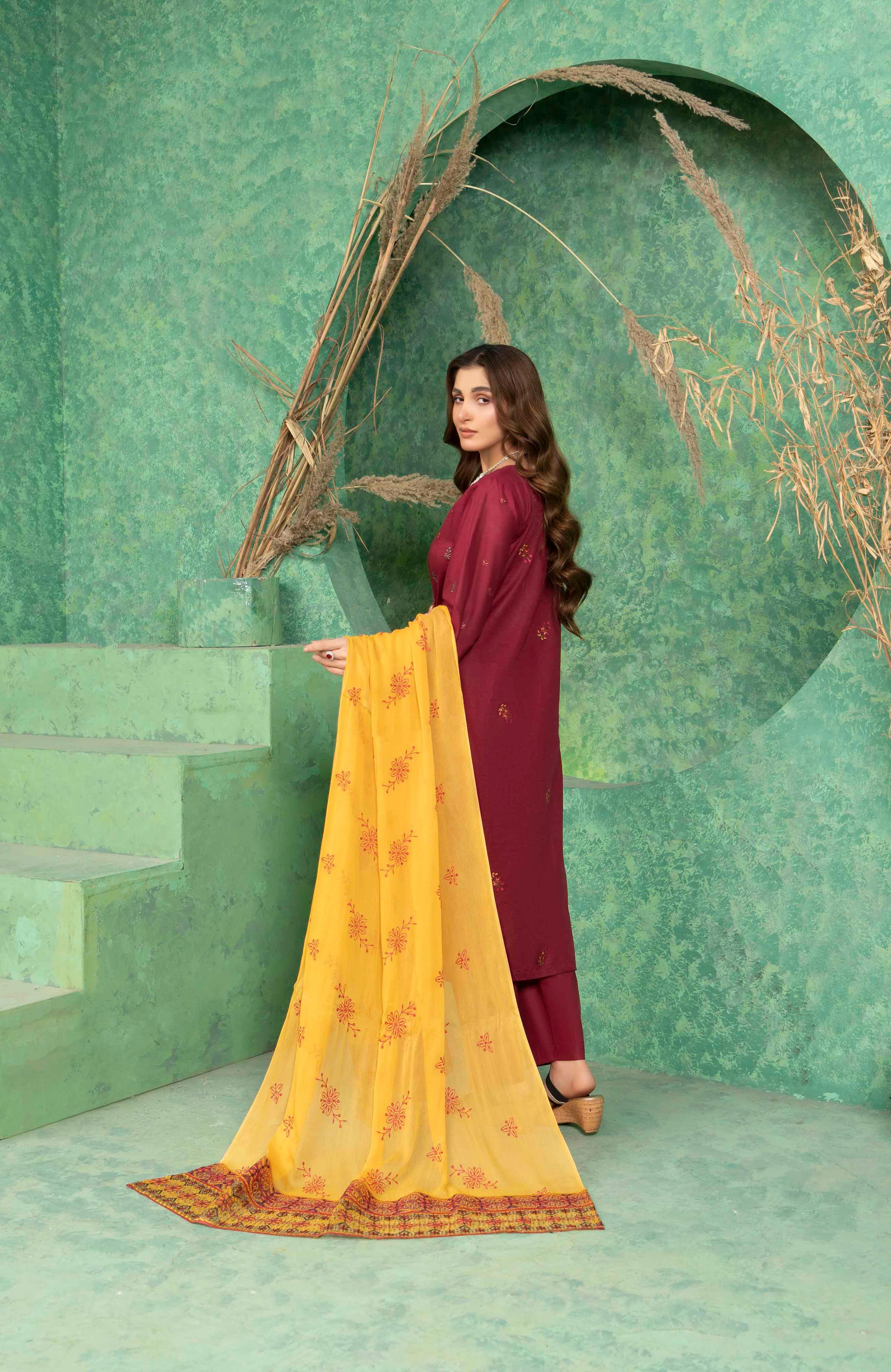 Deep Maroon Embroidered Doria Lawn Set