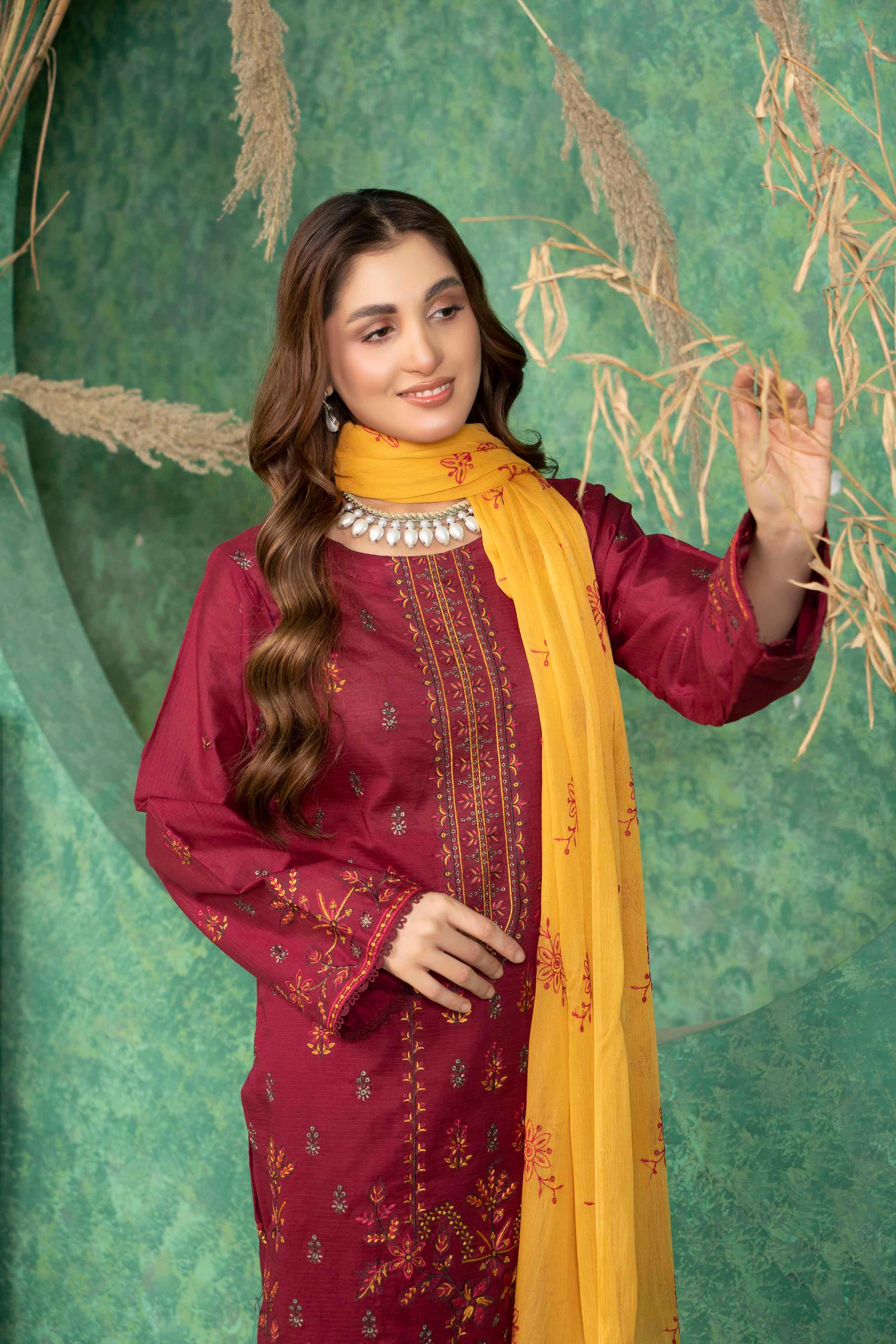 Deep Maroon Embroidered Doria Lawn Set