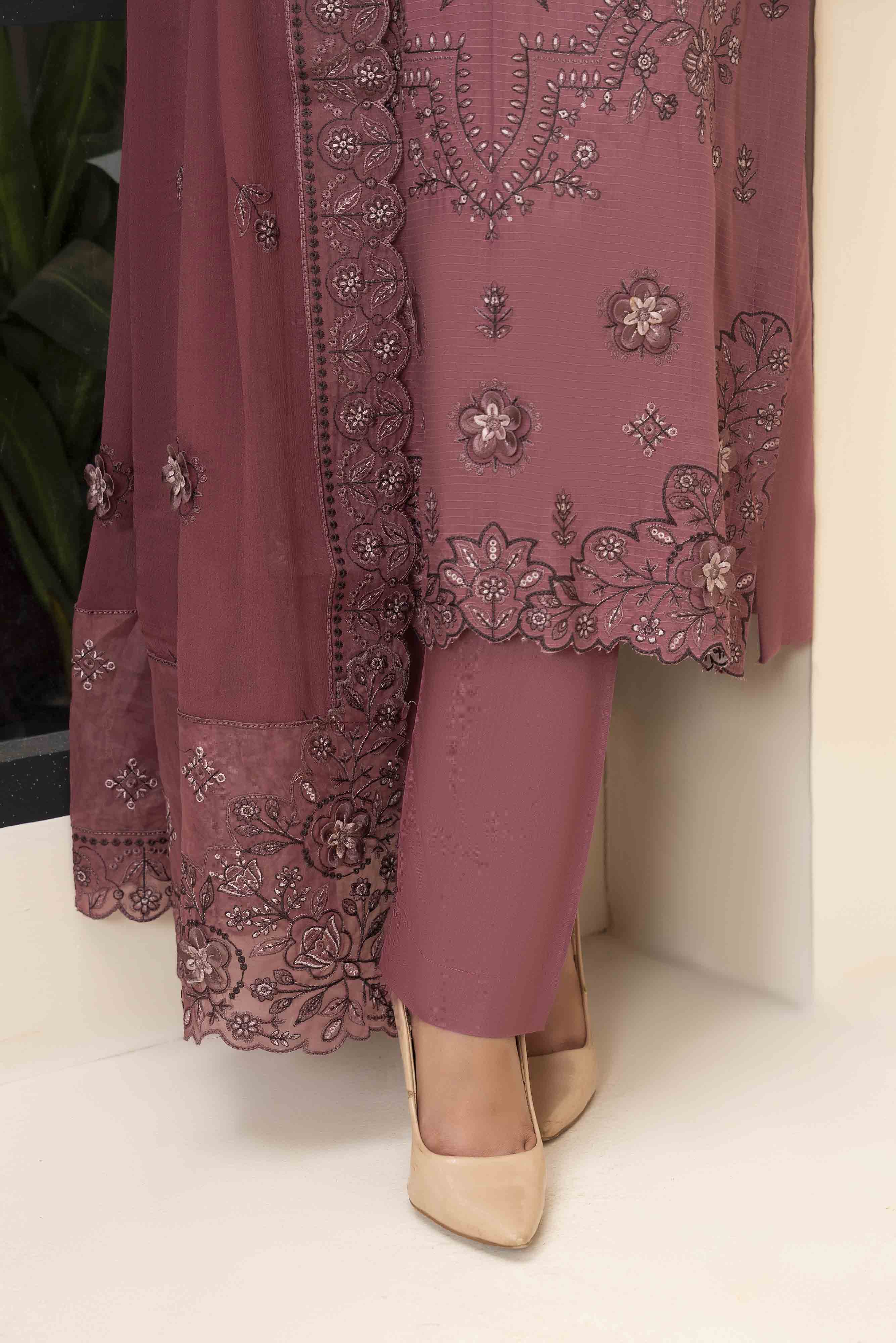 Mauve 3 Pcs Embroidered Viscose Doria Suit