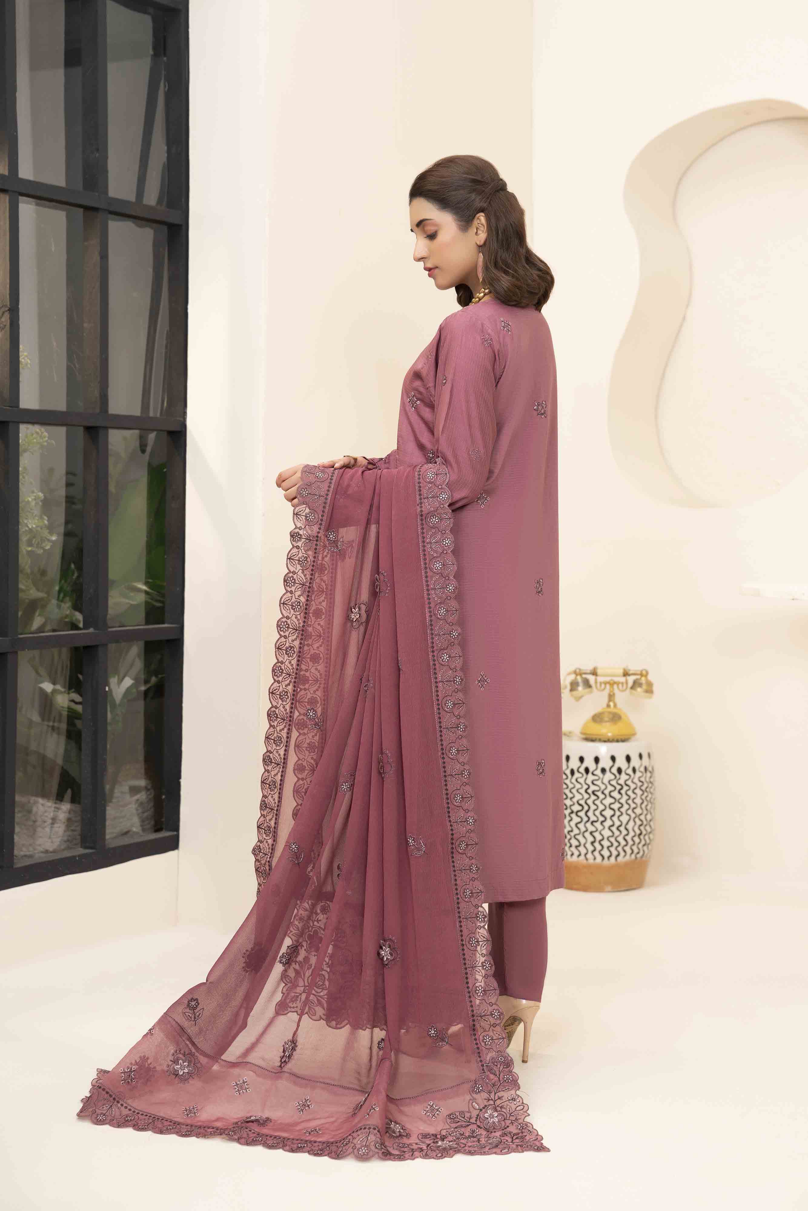Mauve 3 Pcs Embroidered Viscose Doria Suit