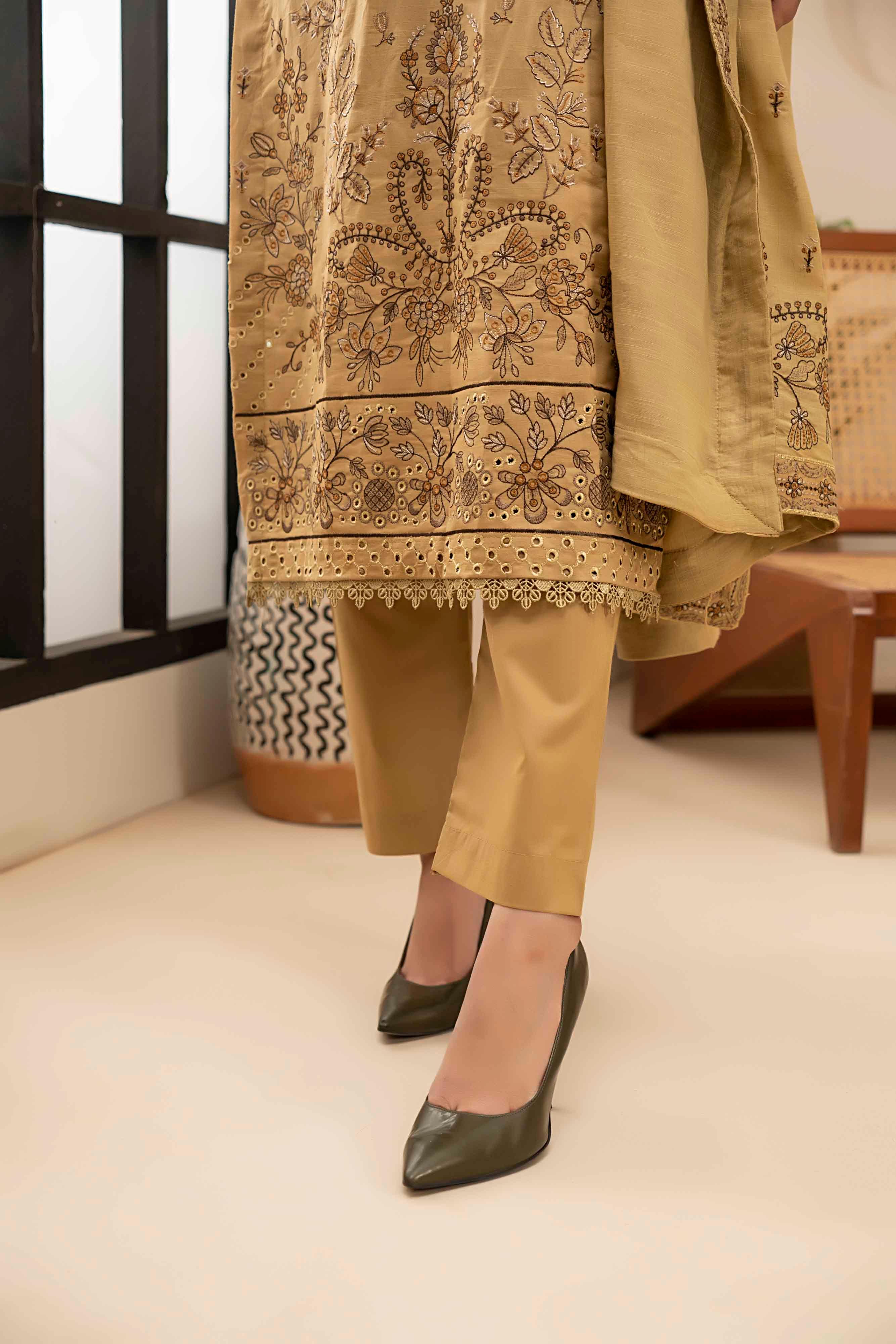 Luxury Beige Embroidered Slub Lawn Set