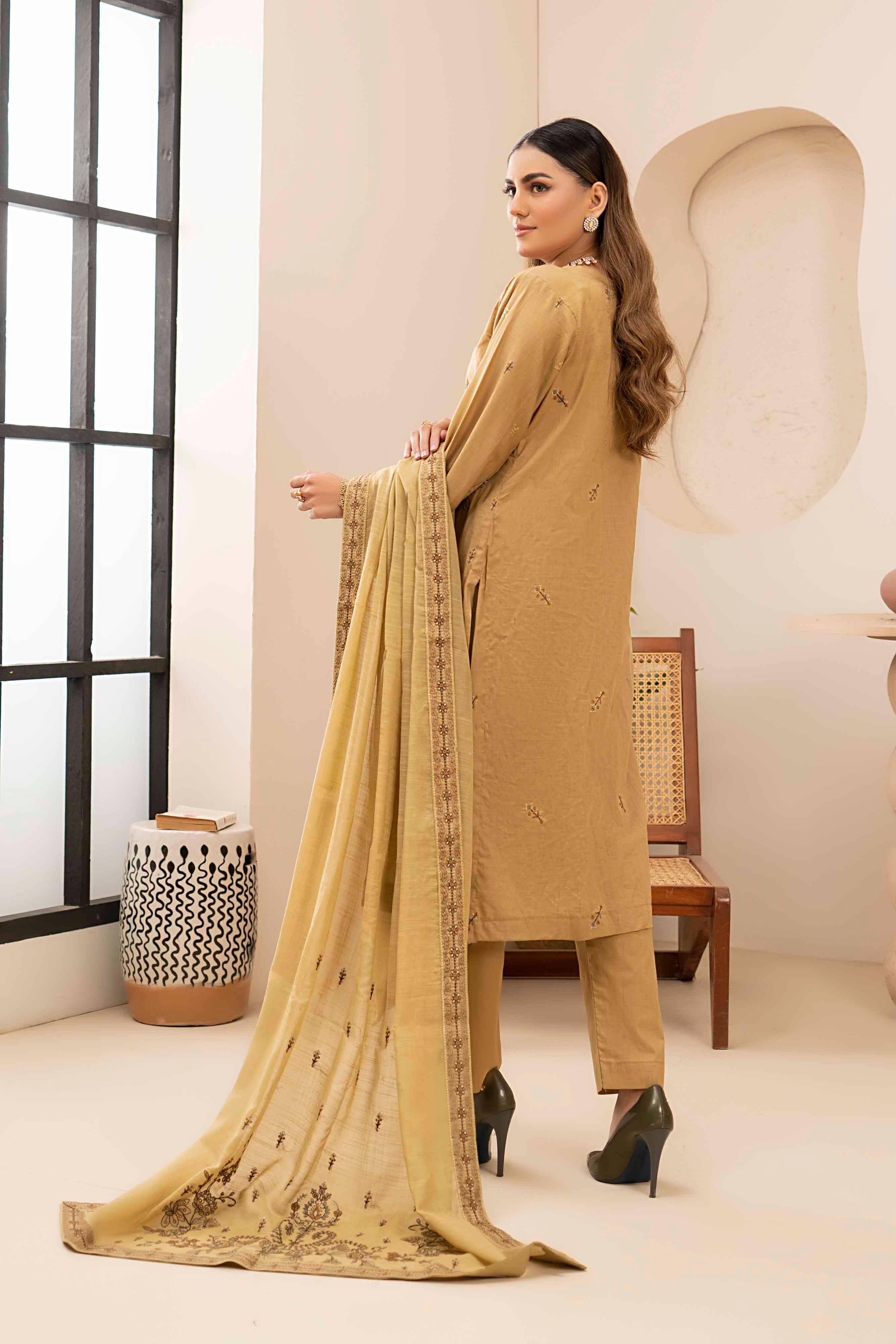 Luxury Beige Embroidered Slub Lawn Set