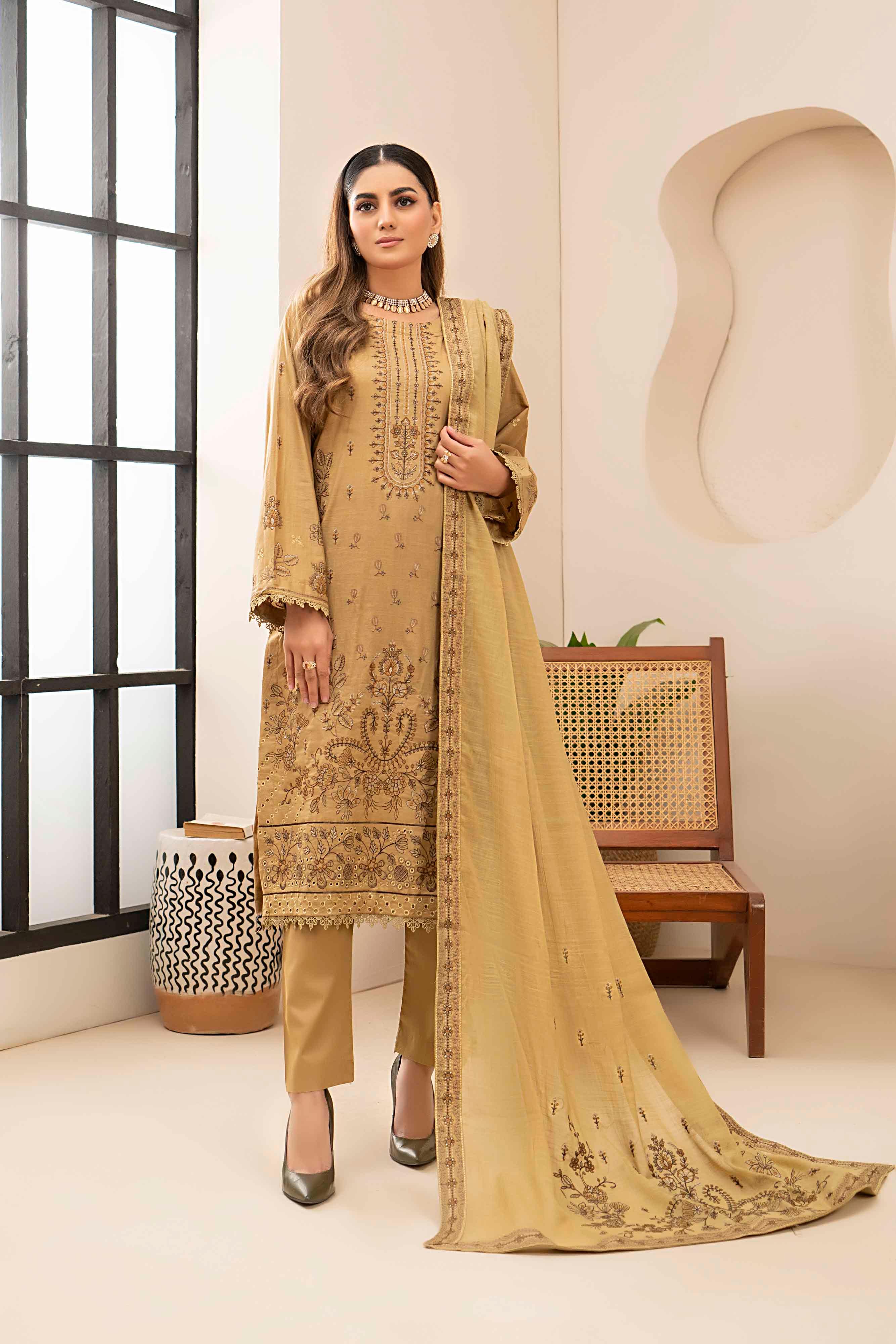 Luxury Beige Embroidered Slub Lawn Set