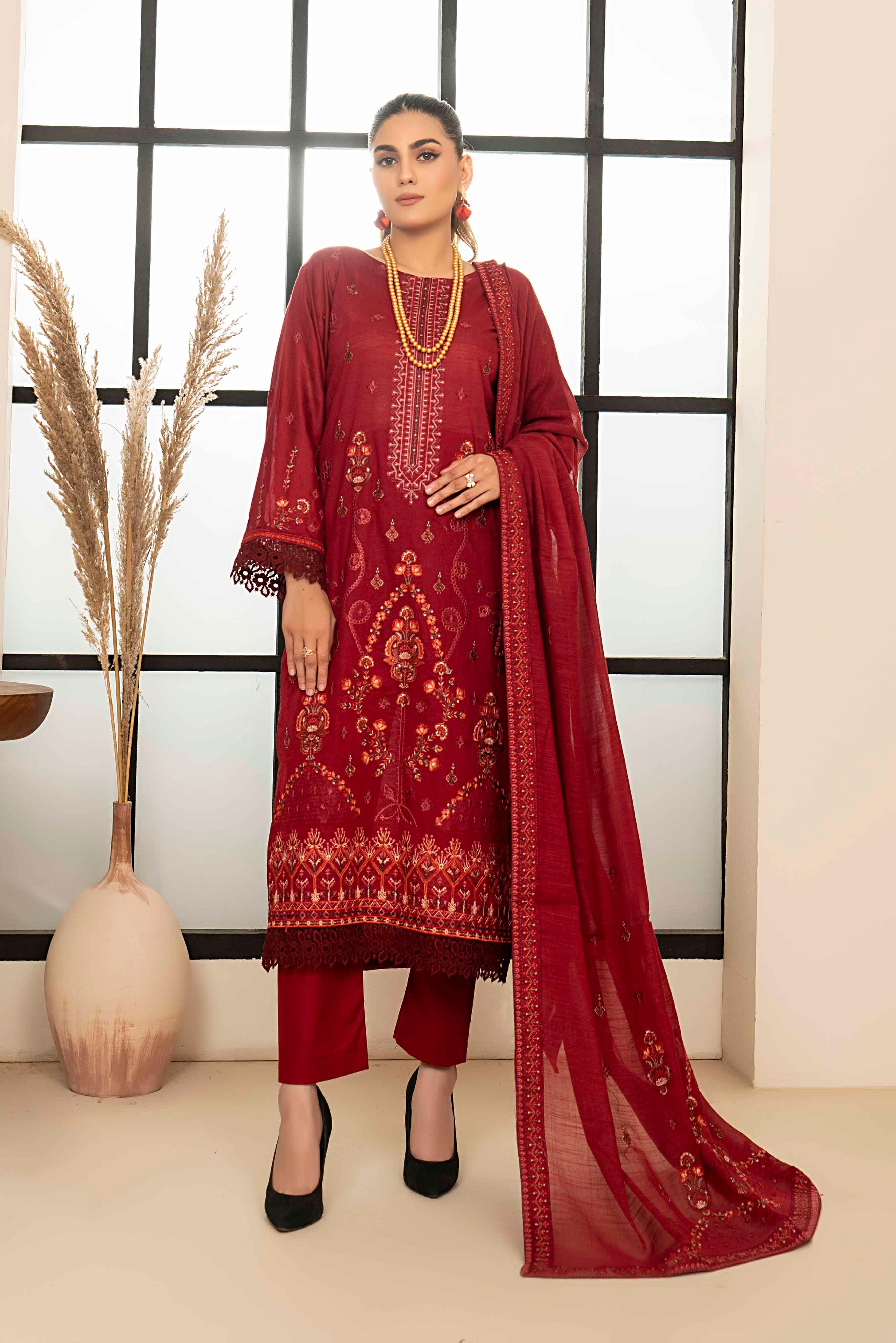 Luxury Maroon Embroidered Slub Lawn Set