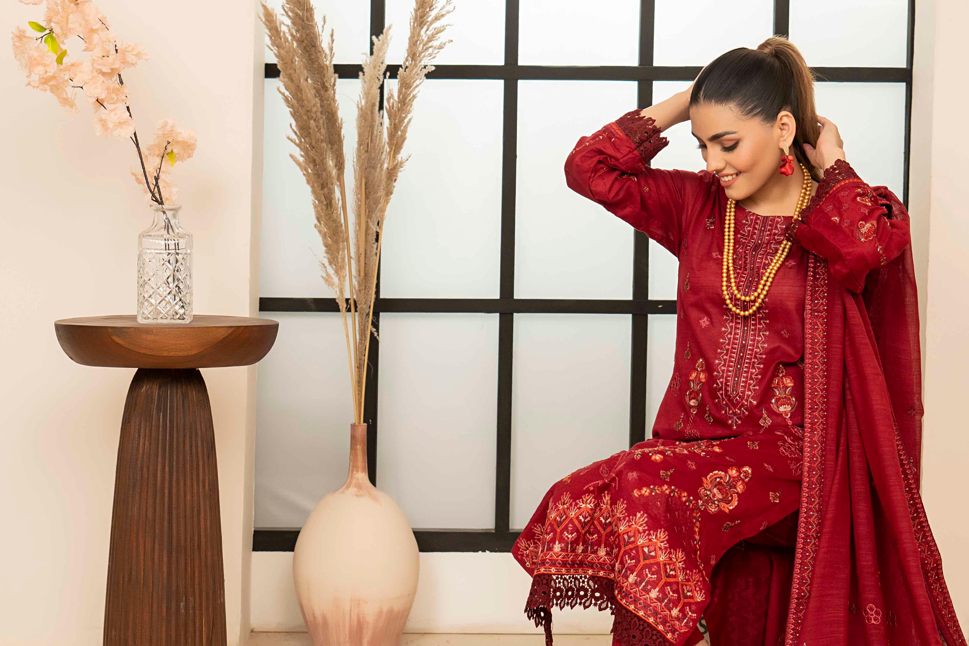 Luxury Maroon Embroidered Slub Lawn Set
