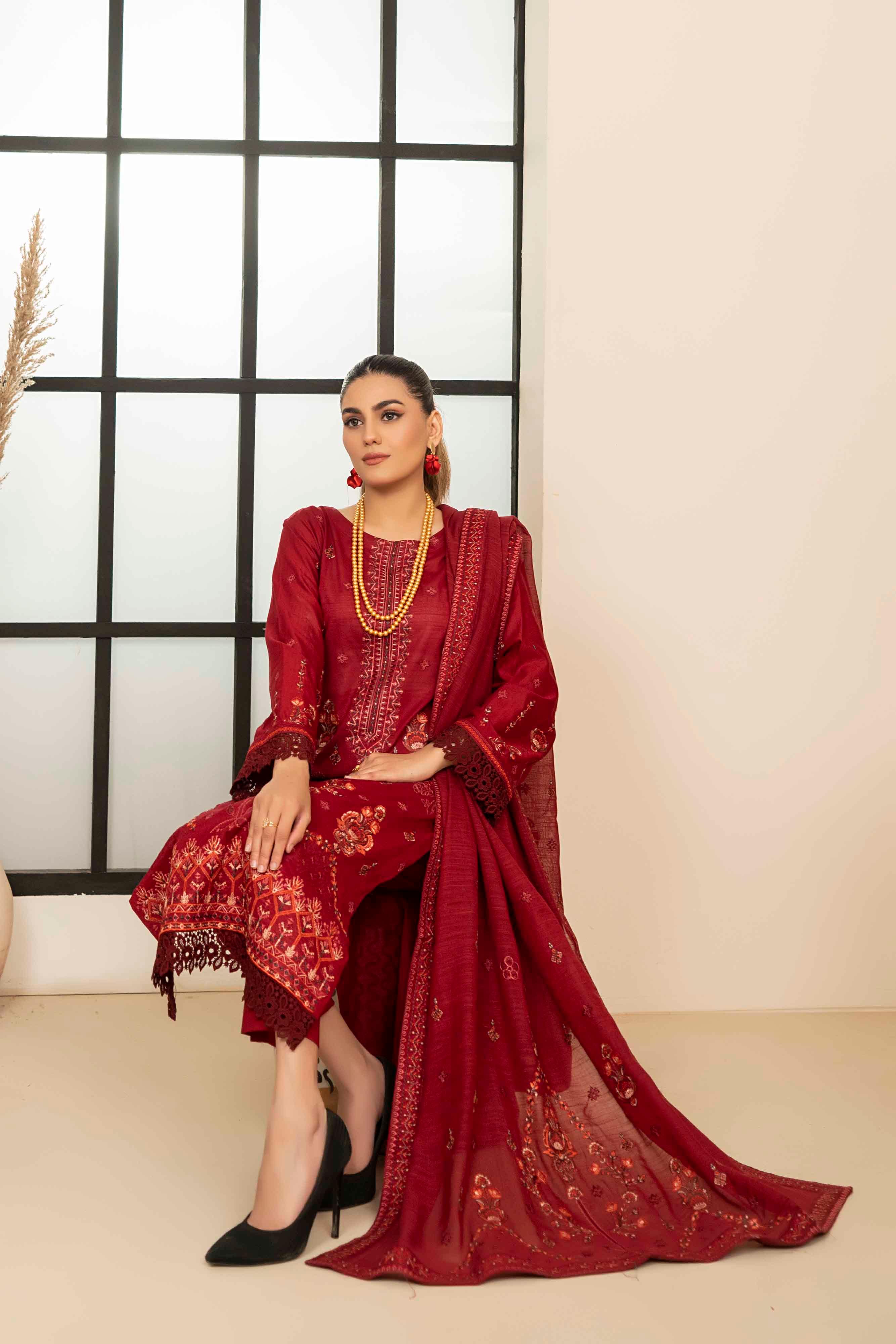Luxury Maroon Embroidered Slub Lawn Set