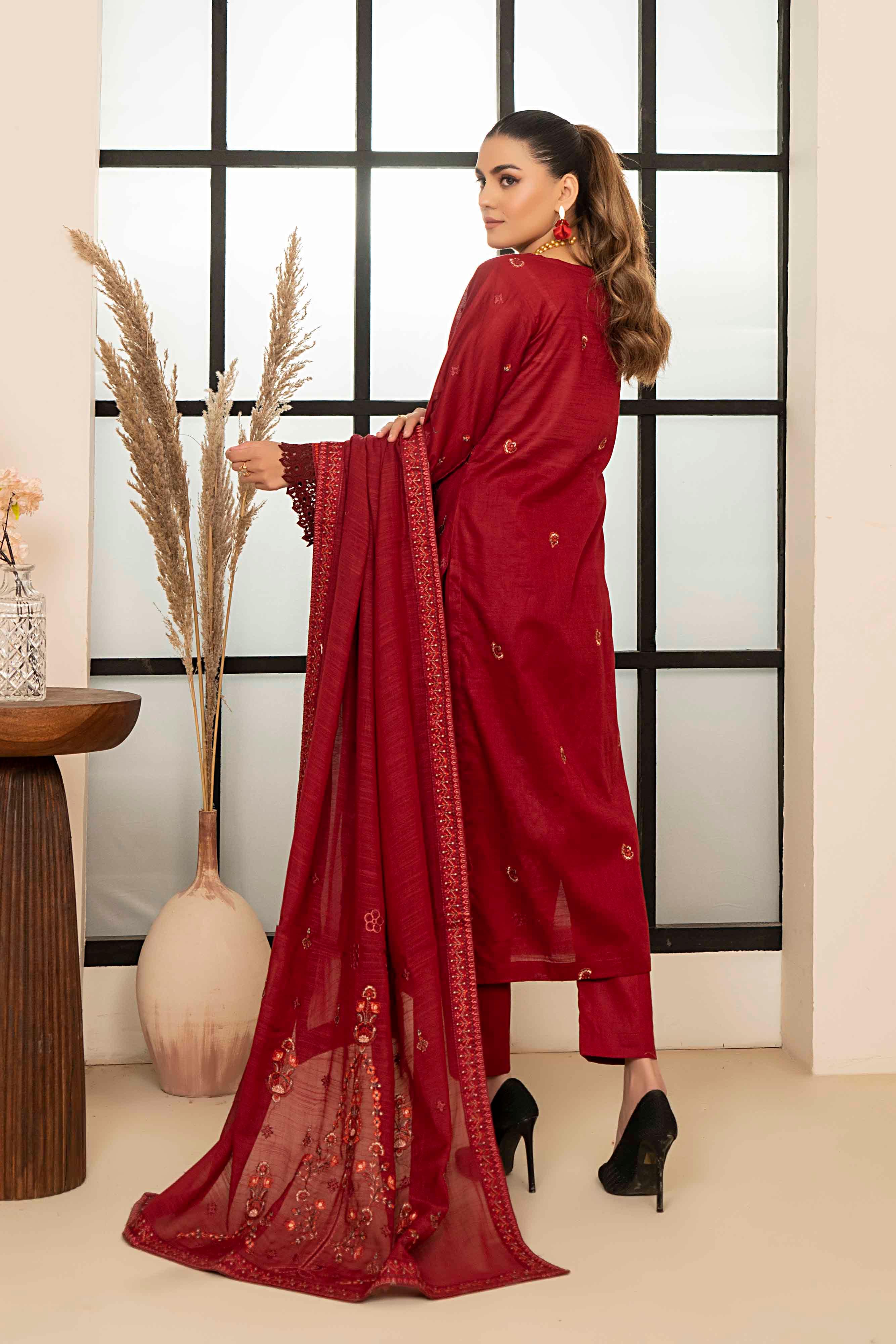Luxury Maroon Embroidered Slub Lawn Set