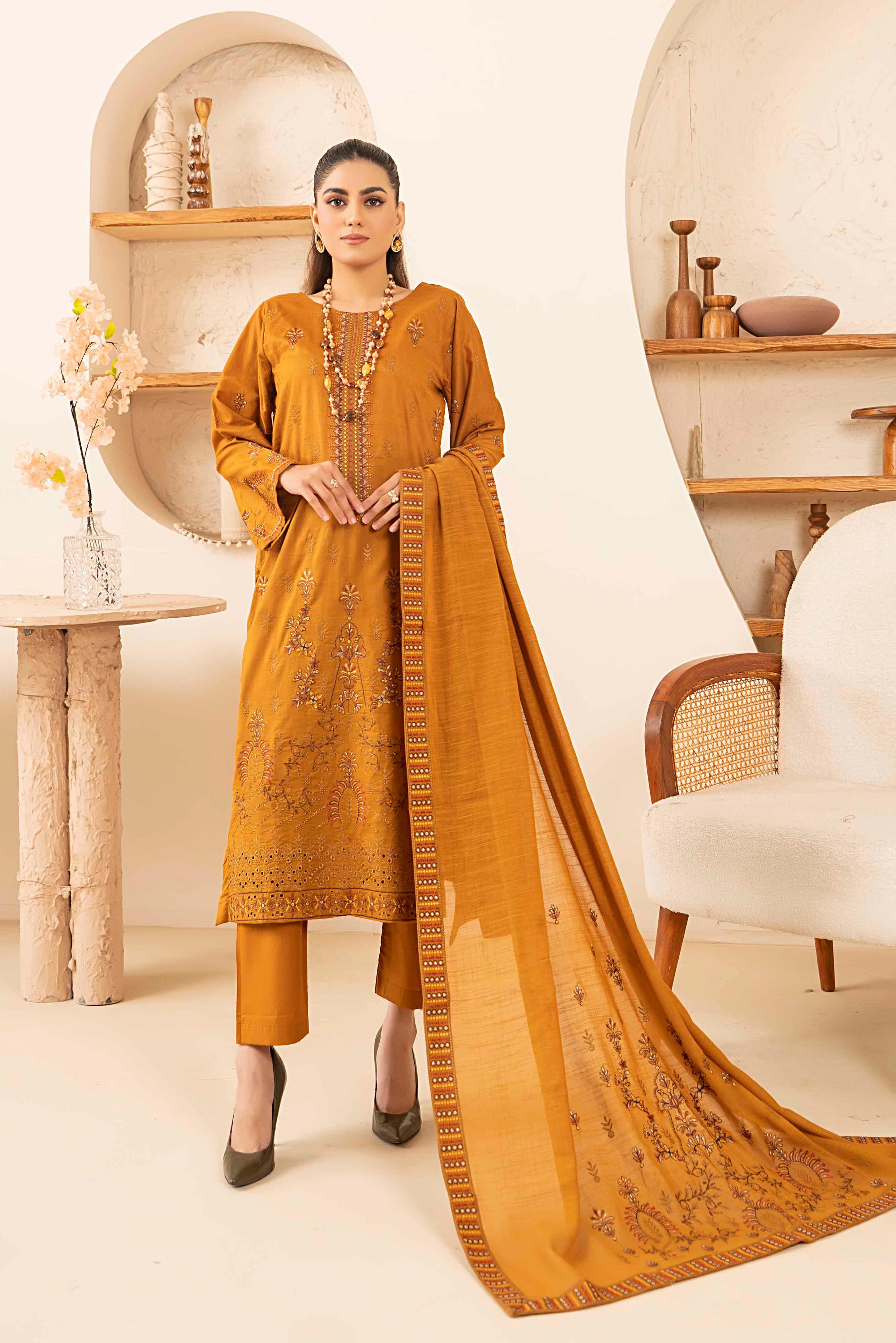Luxury Orange Embroidered Slub Lawn Set