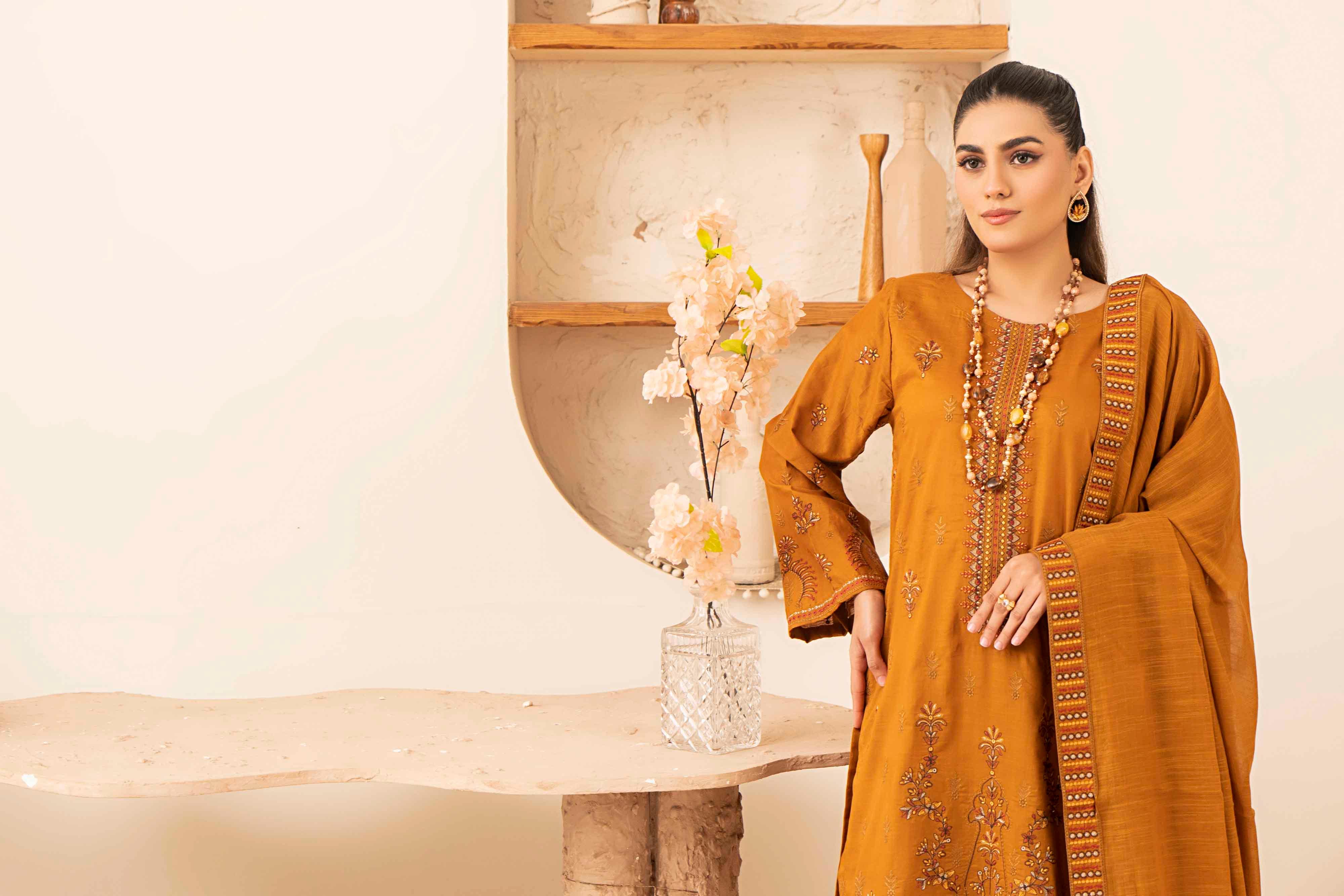 Luxury Orange Embroidered Slub Lawn Set