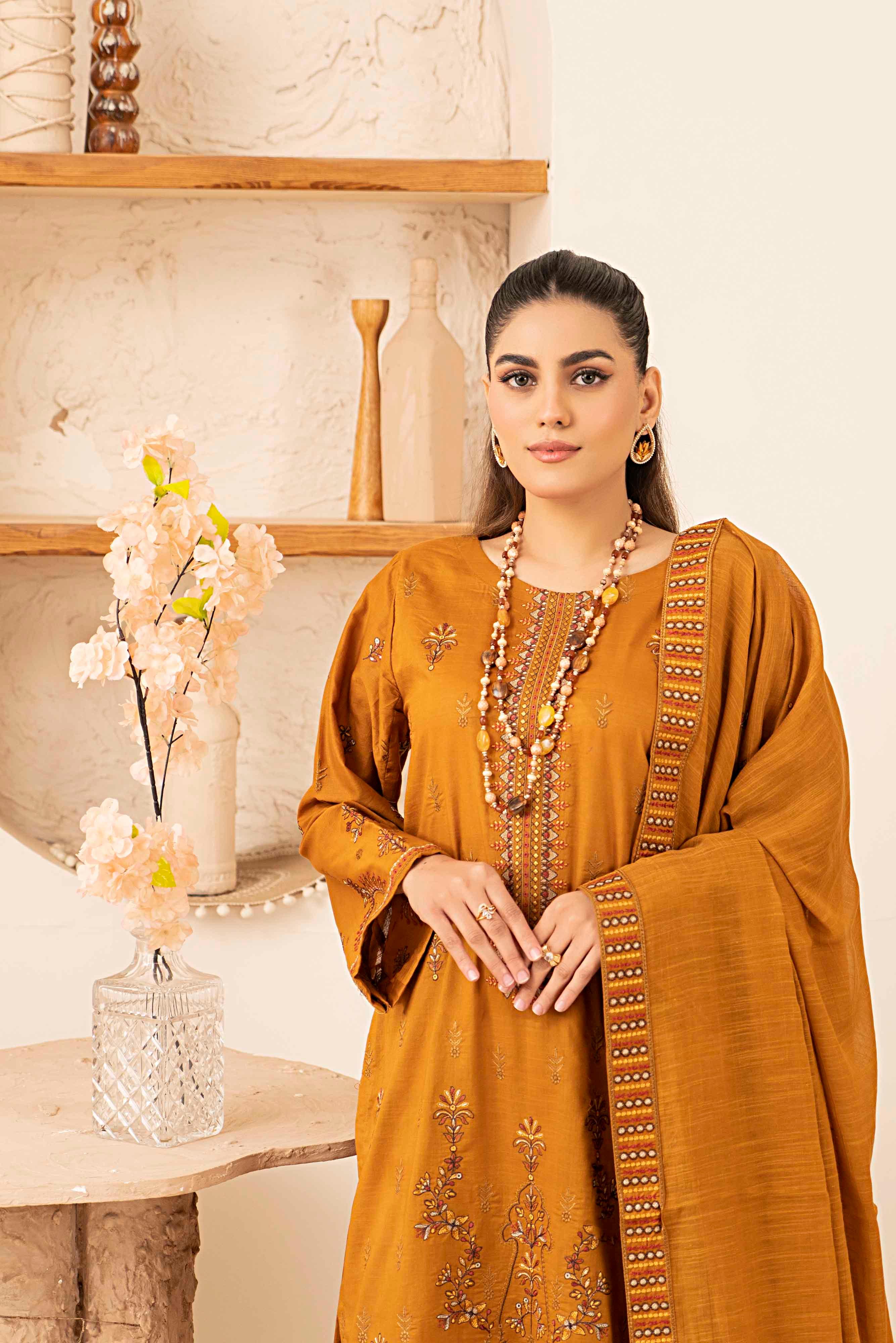 Luxury Orange Embroidered Slub Lawn Set