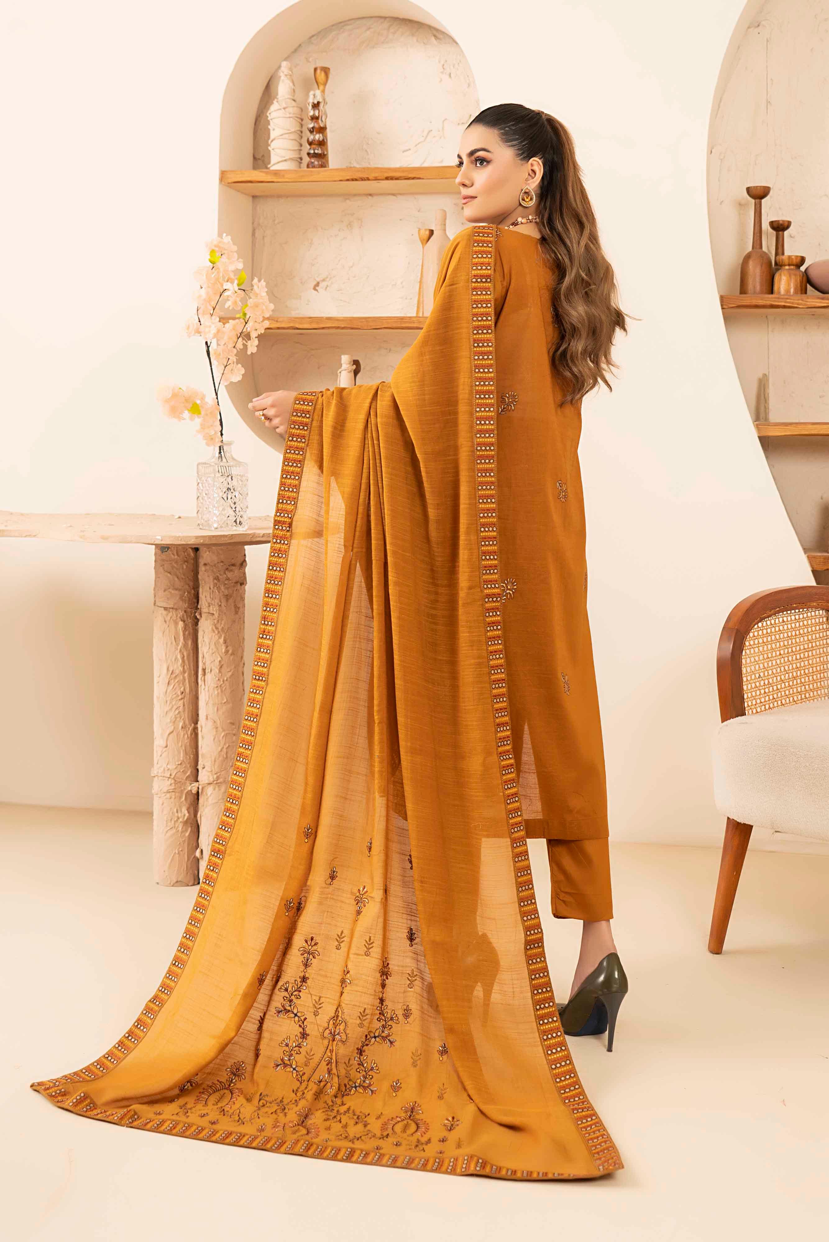 Luxury Orange Embroidered Slub Lawn Set