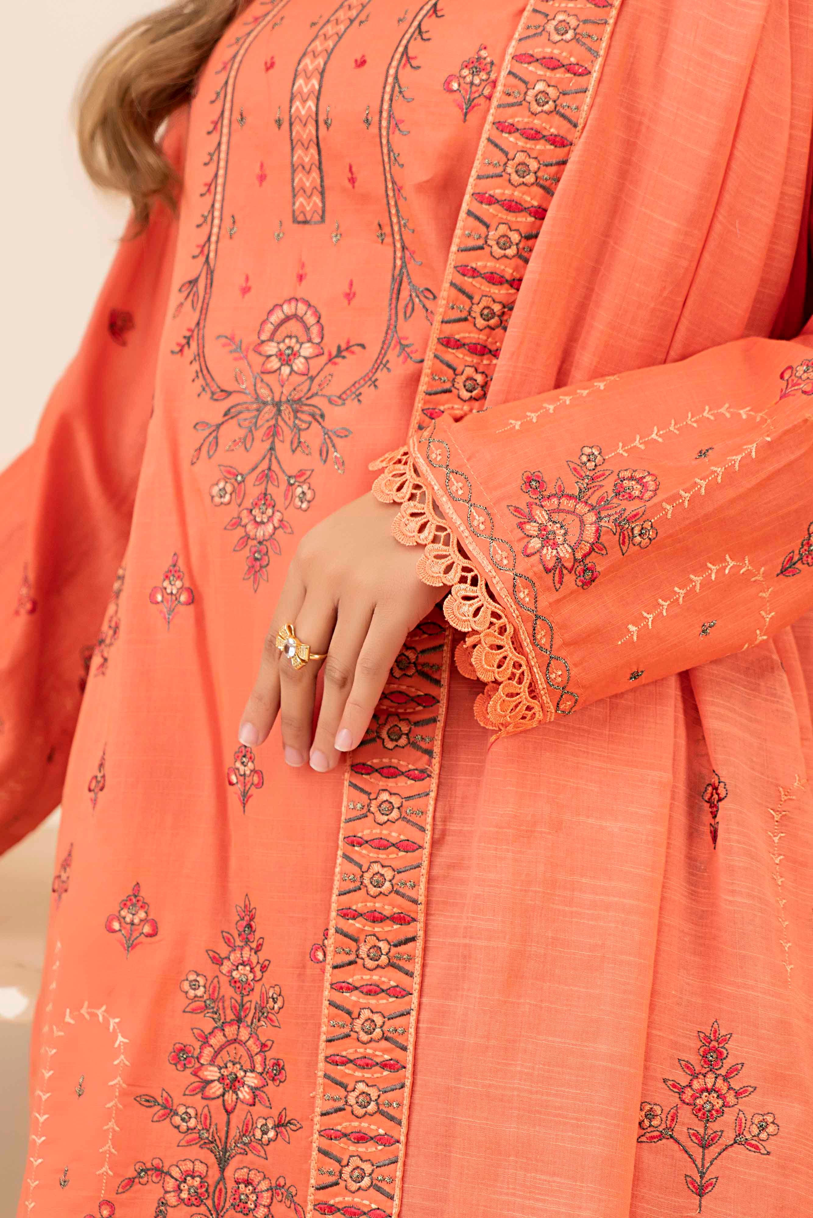Luxury Peach Embroidered Slub Lawn Set