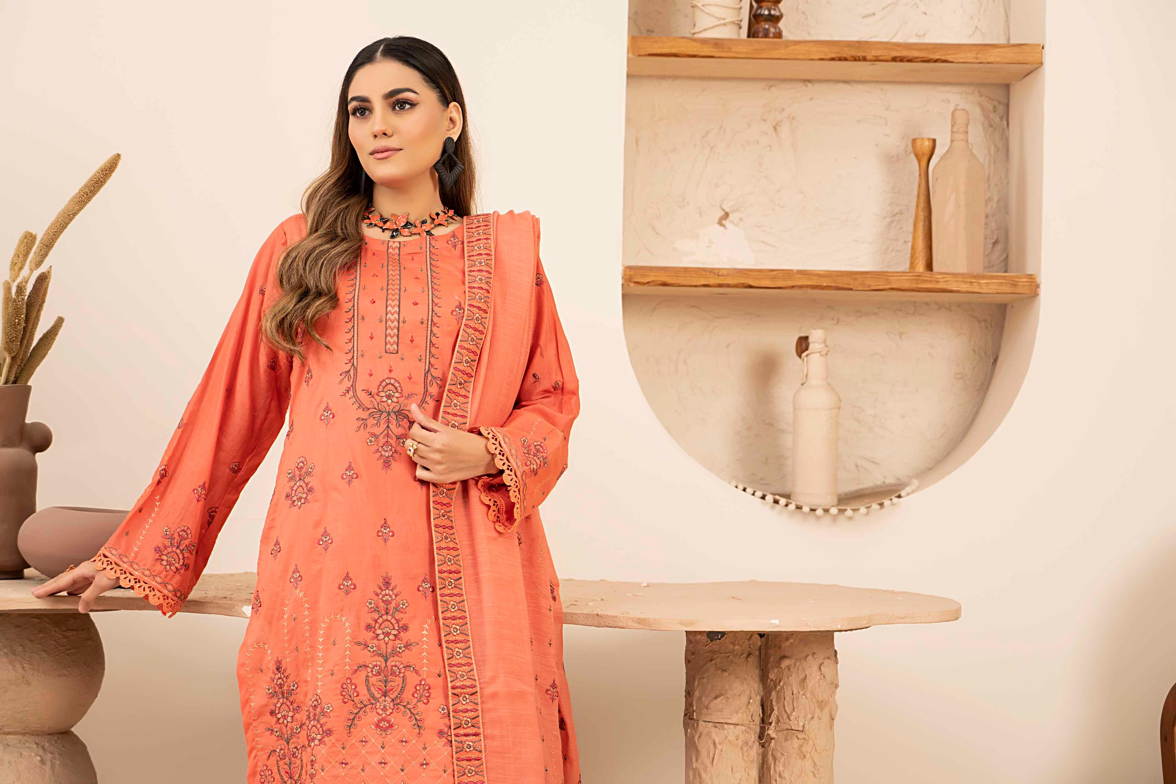 Luxury Peach Embroidered Slub Lawn Set