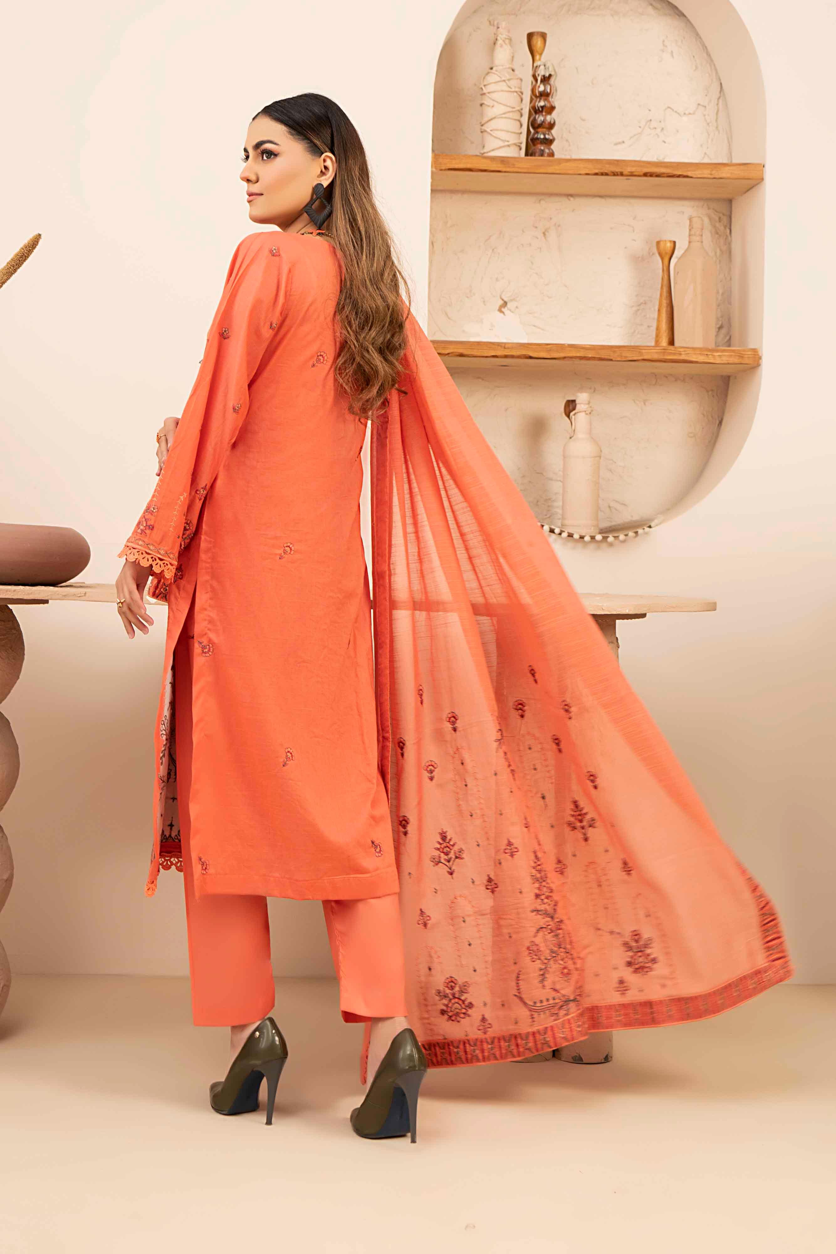 Luxury Peach Embroidered Slub Lawn Set