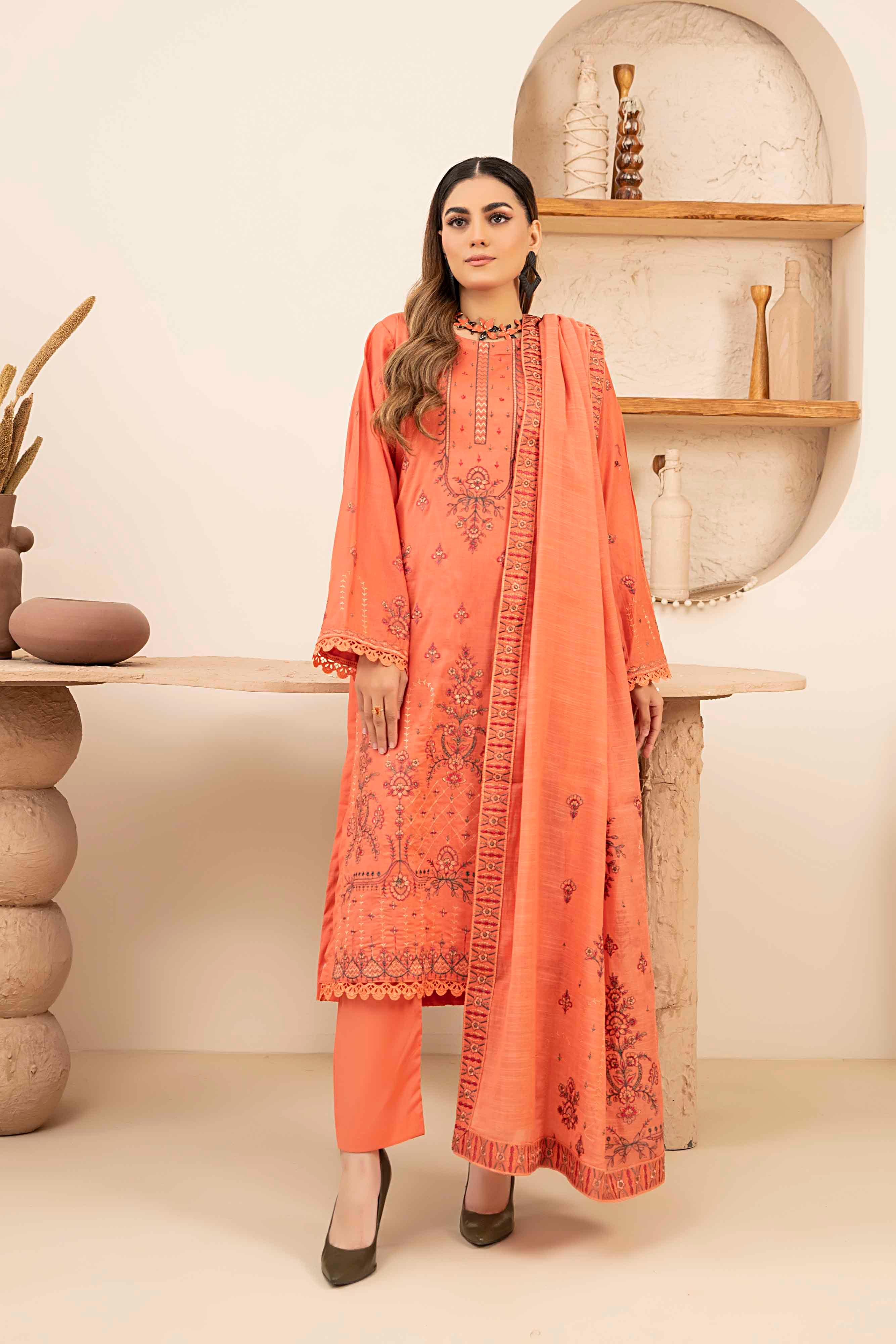 Luxury Peach Embroidered Slub Lawn Set