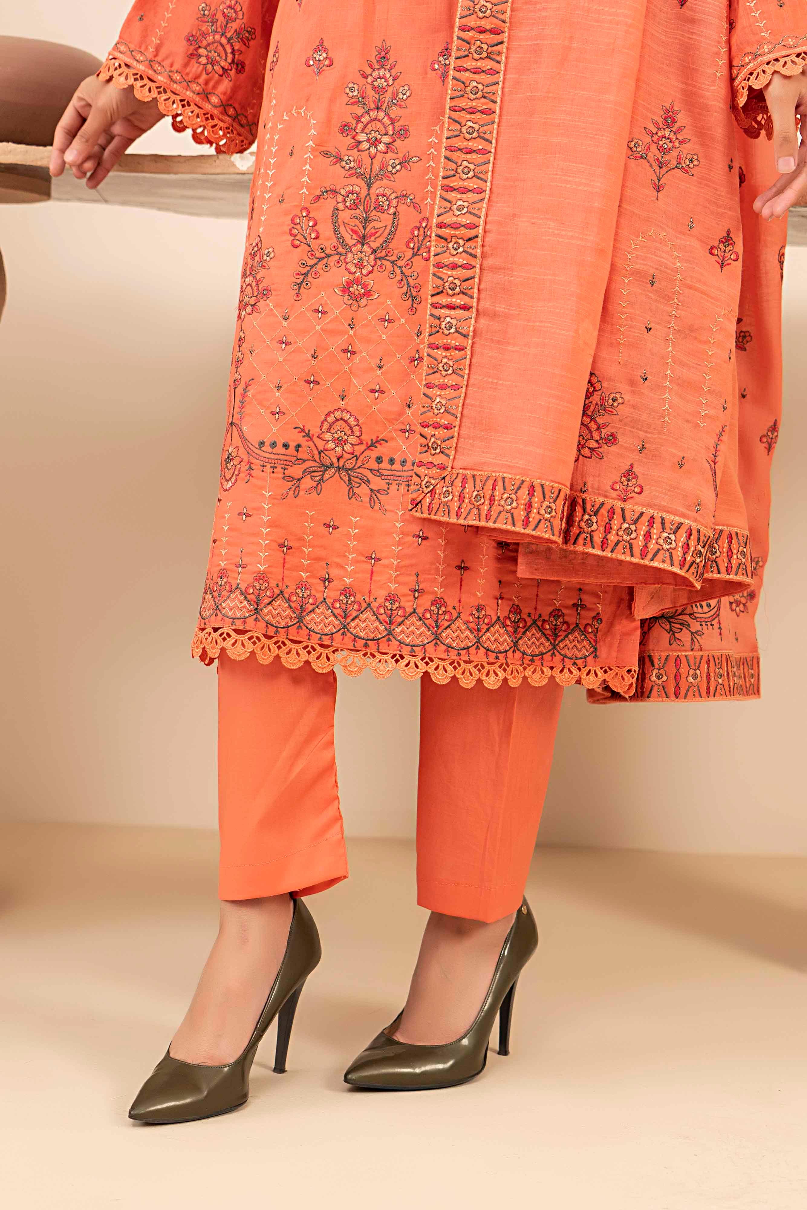 Luxury Peach Embroidered Slub Lawn Set