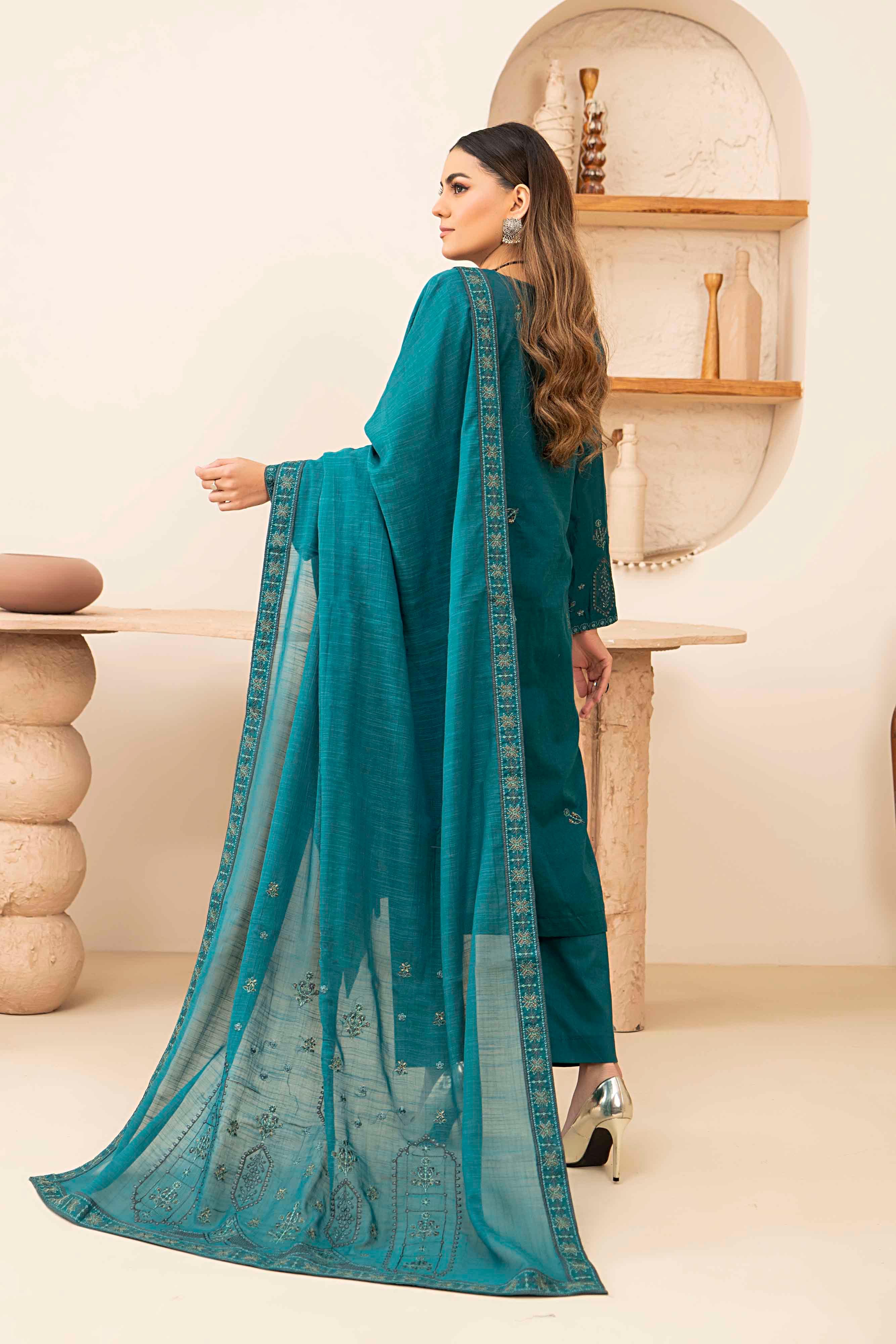 Luxury Teal Embroidered Slub Lawn Set