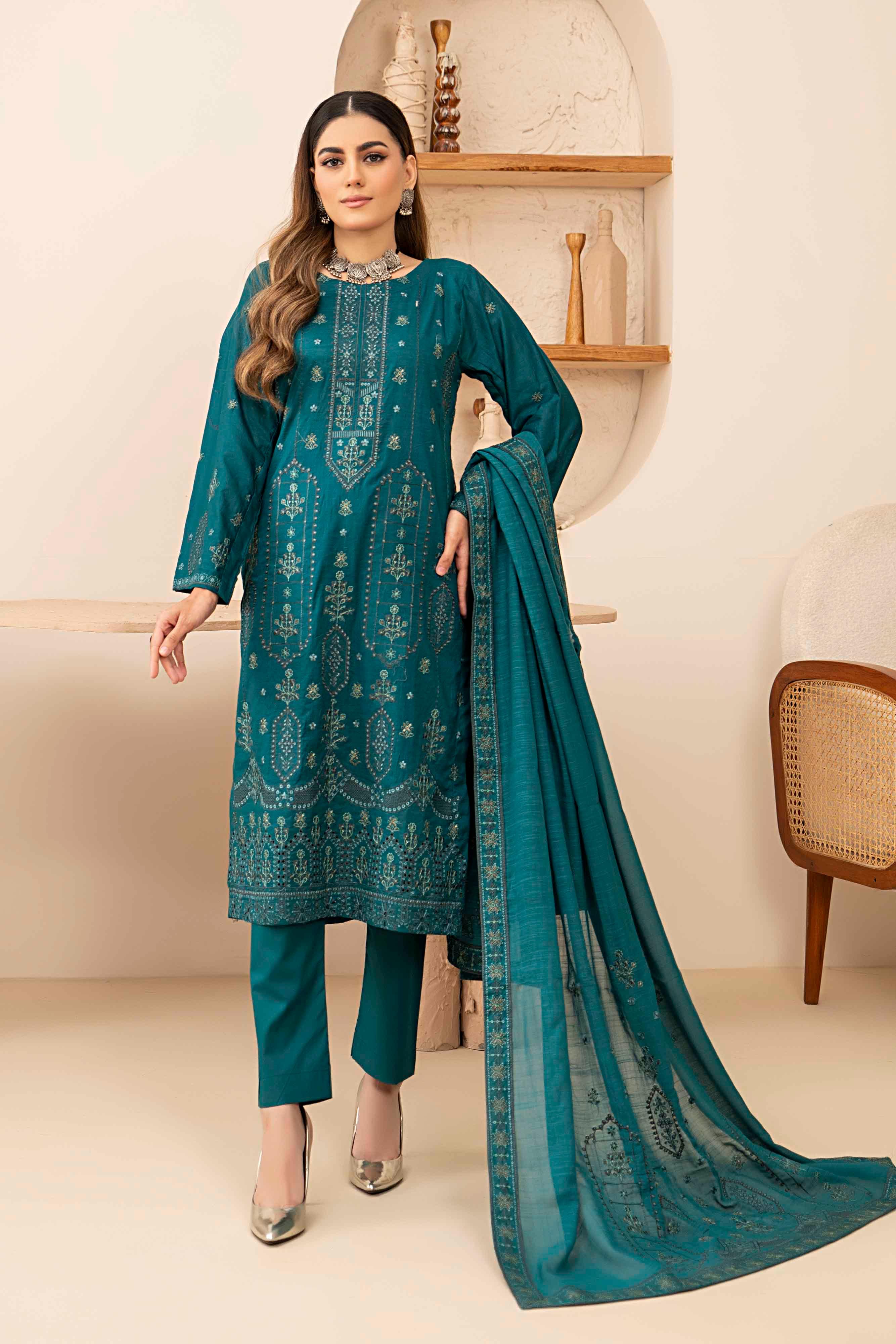 Luxury Teal Embroidered Slub Lawn Set