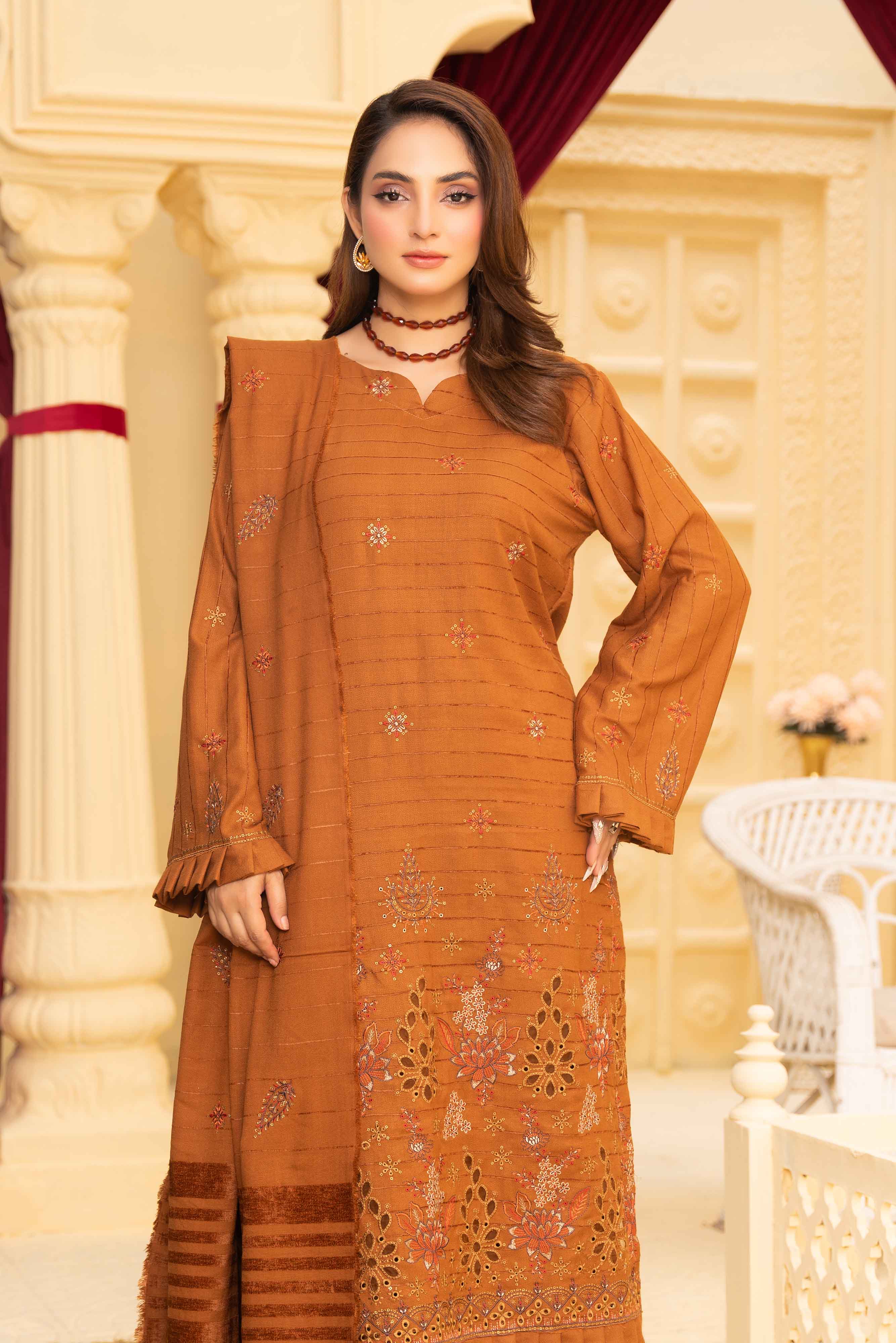 Mustard 3 Pcs Dhanak Embroidered Applique suit
