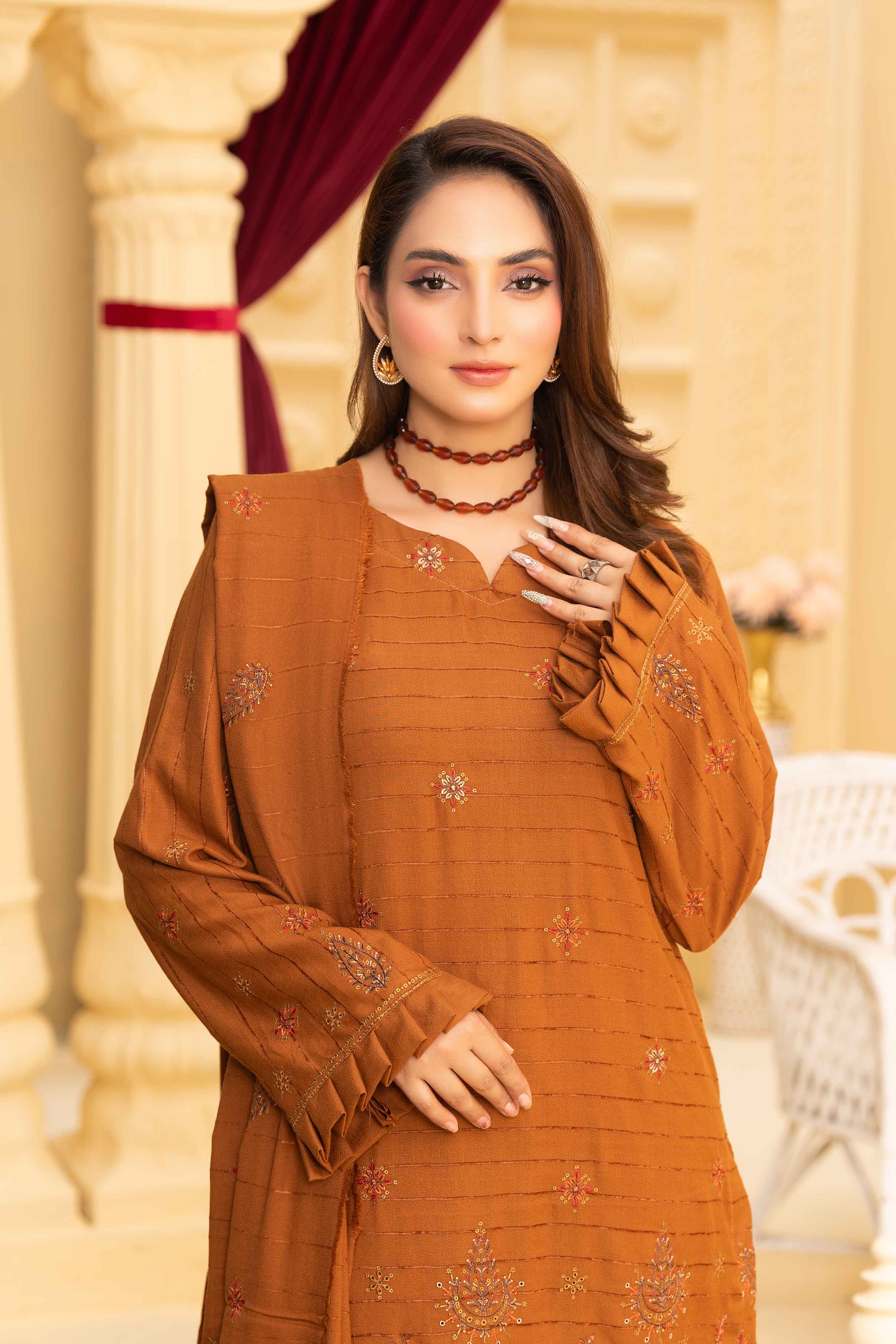 Mustard 3 Pcs Dhanak Embroidered Applique suit
