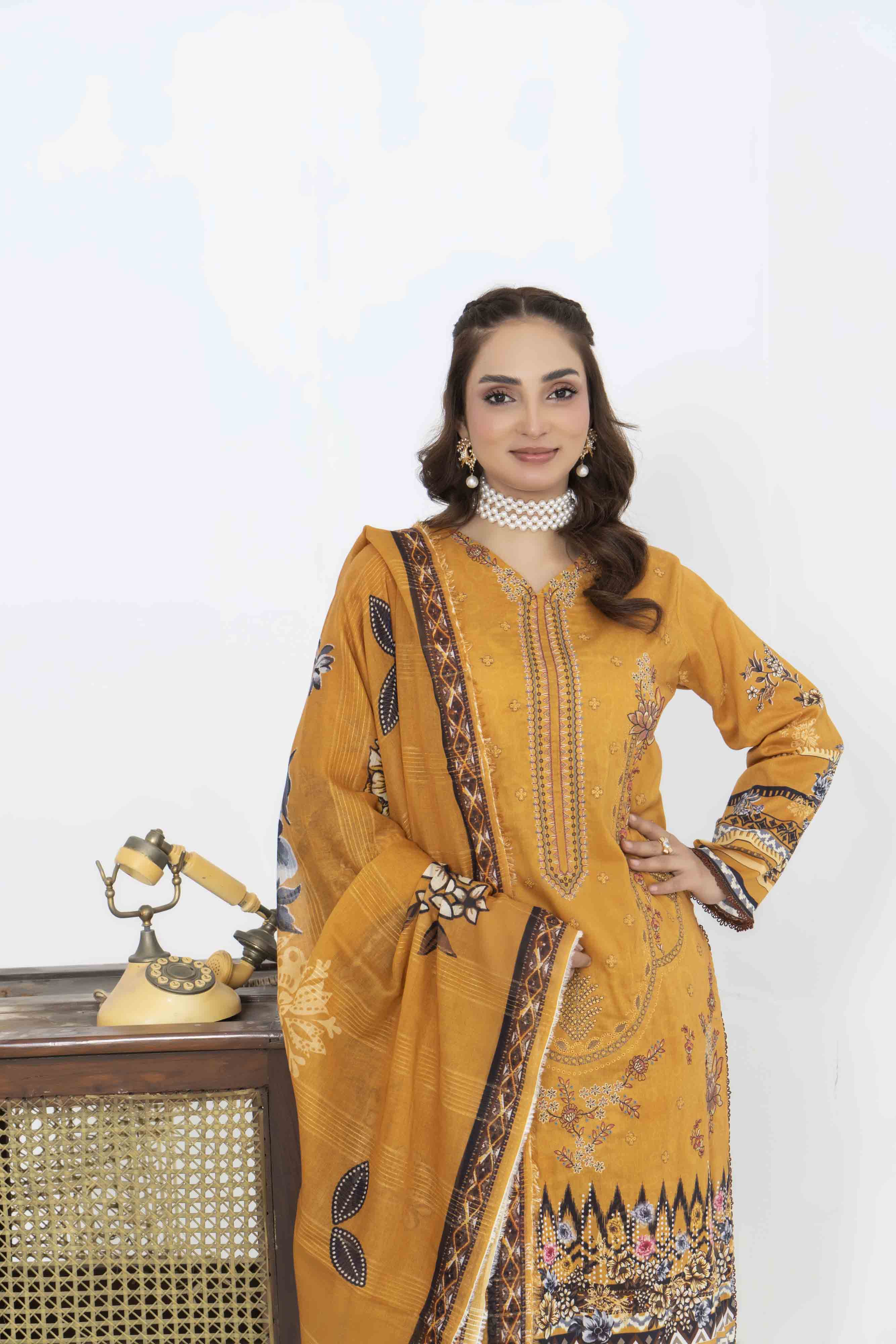 Luxury Mustard Printed Embroidered 3 Pcs Lawn Set